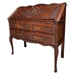 Antique French Carved Oak Secretary Desk Bureau Drop Front Louis XV Style