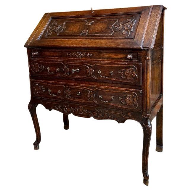 Antique French Carved Oak Secretary Desk Bureau Drop Front Louis XV Style For Sale