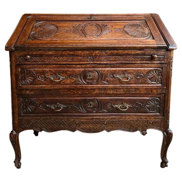 Antique French Carved Oak Secretary Desk Bureau Drop Front Louis XV Style For Sale