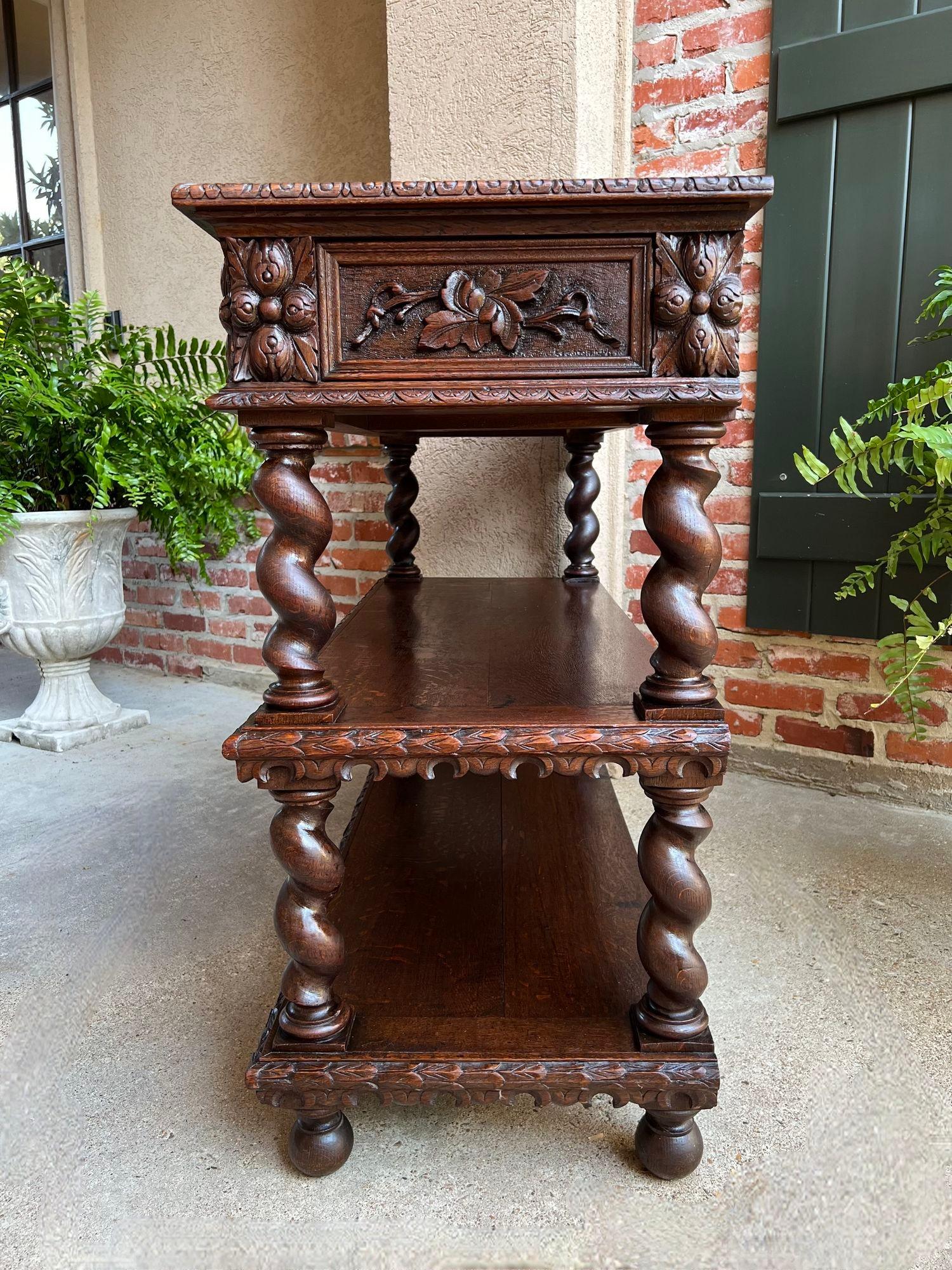 Hand-Carved Antique French Carved Oak Server Sideboard Barley Twist Renaissance Bookshelf