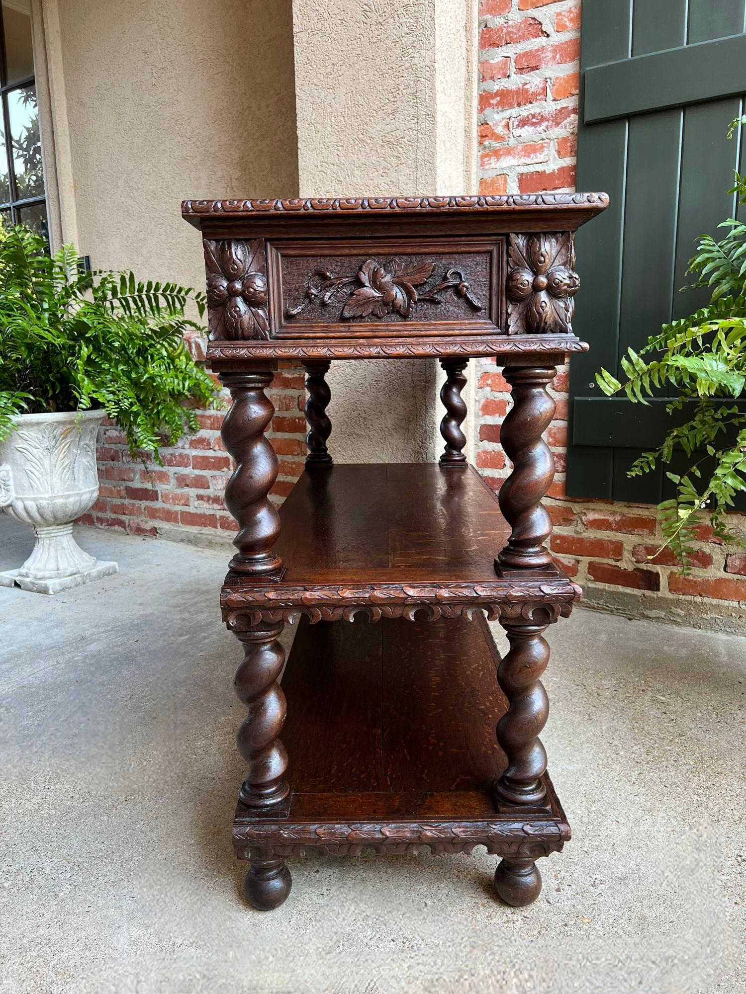Antique French Carved Oak Server Sideboard Barley Twist Renaissance Bookshelf In Good Condition In Shreveport, LA