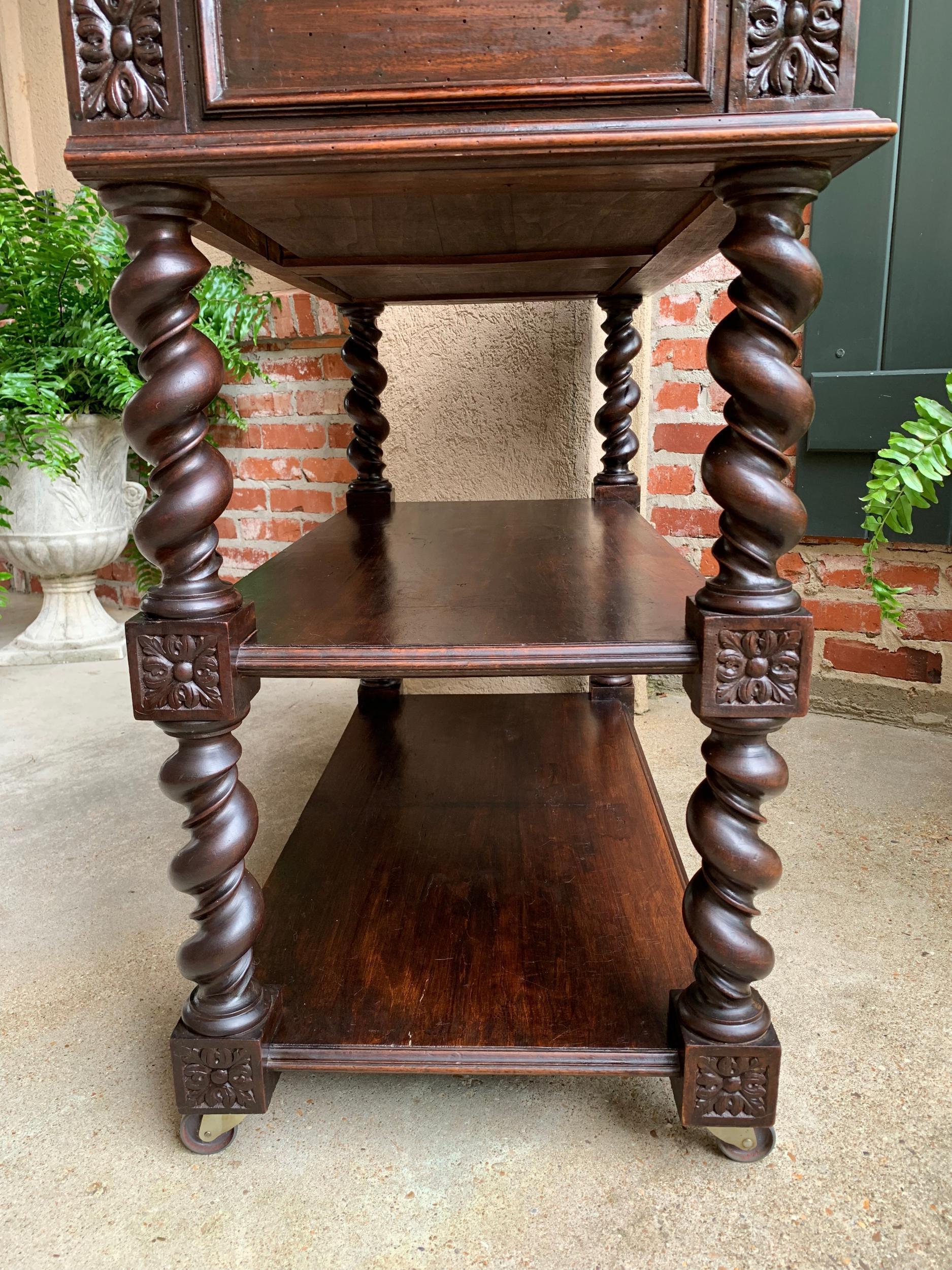 19th century French Carved Oak Server Sideboard Rolling Cart Table Barley Twist 11