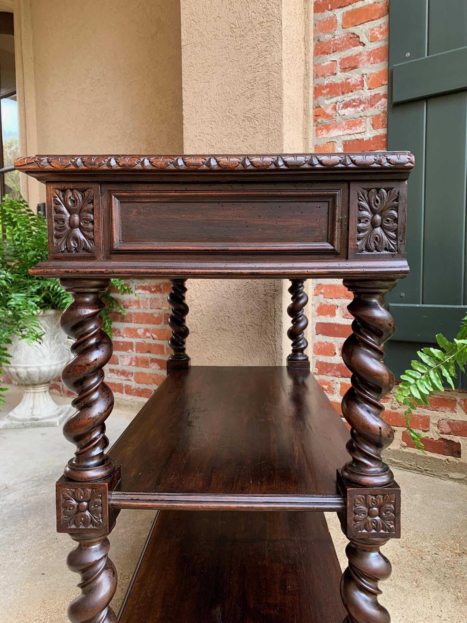 19th century French Carved Oak Server Sideboard Rolling Cart Table Barley Twist 12