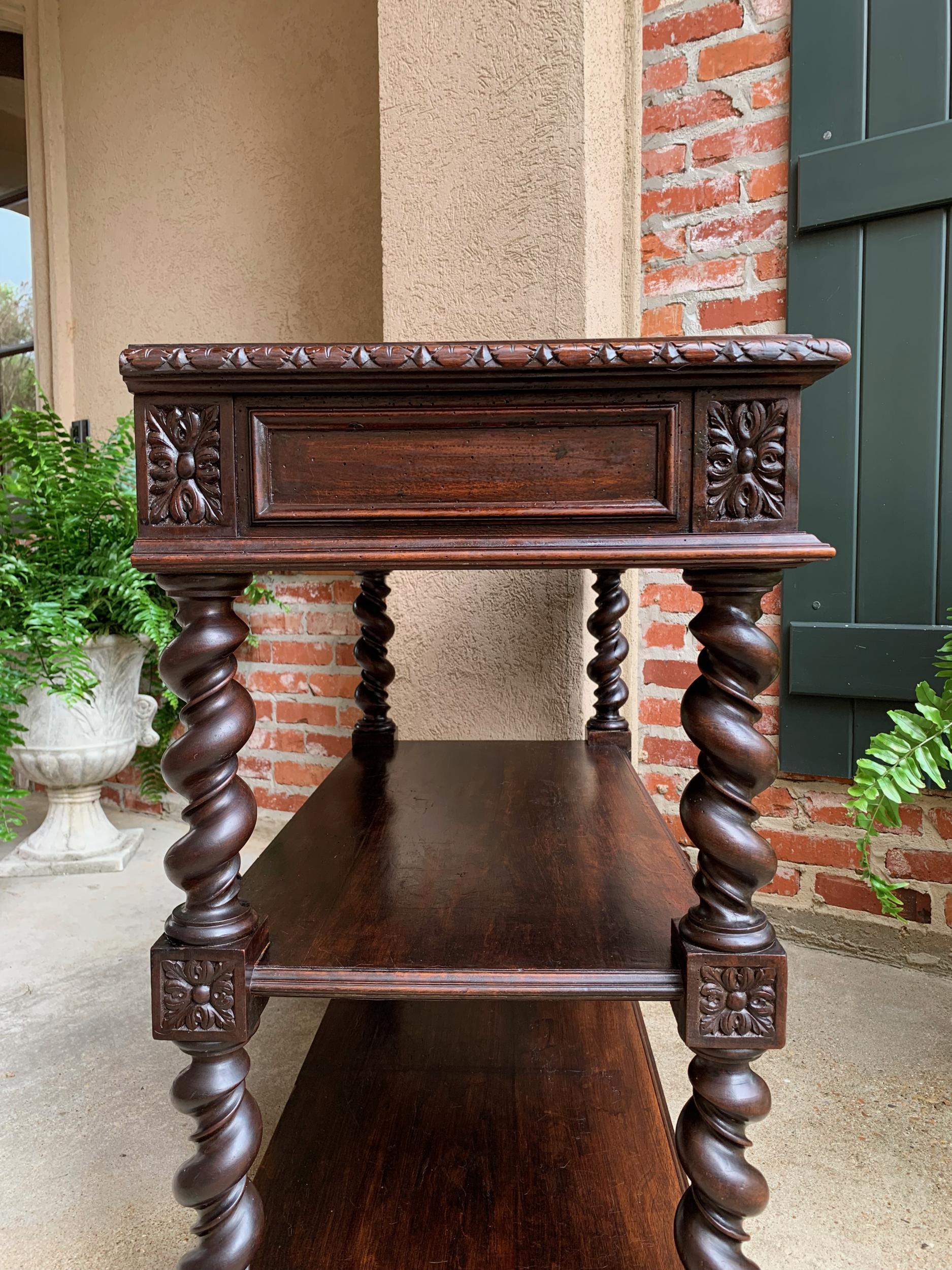 19th century French Carved Oak Server Sideboard Rolling Cart Table Barley Twist 13