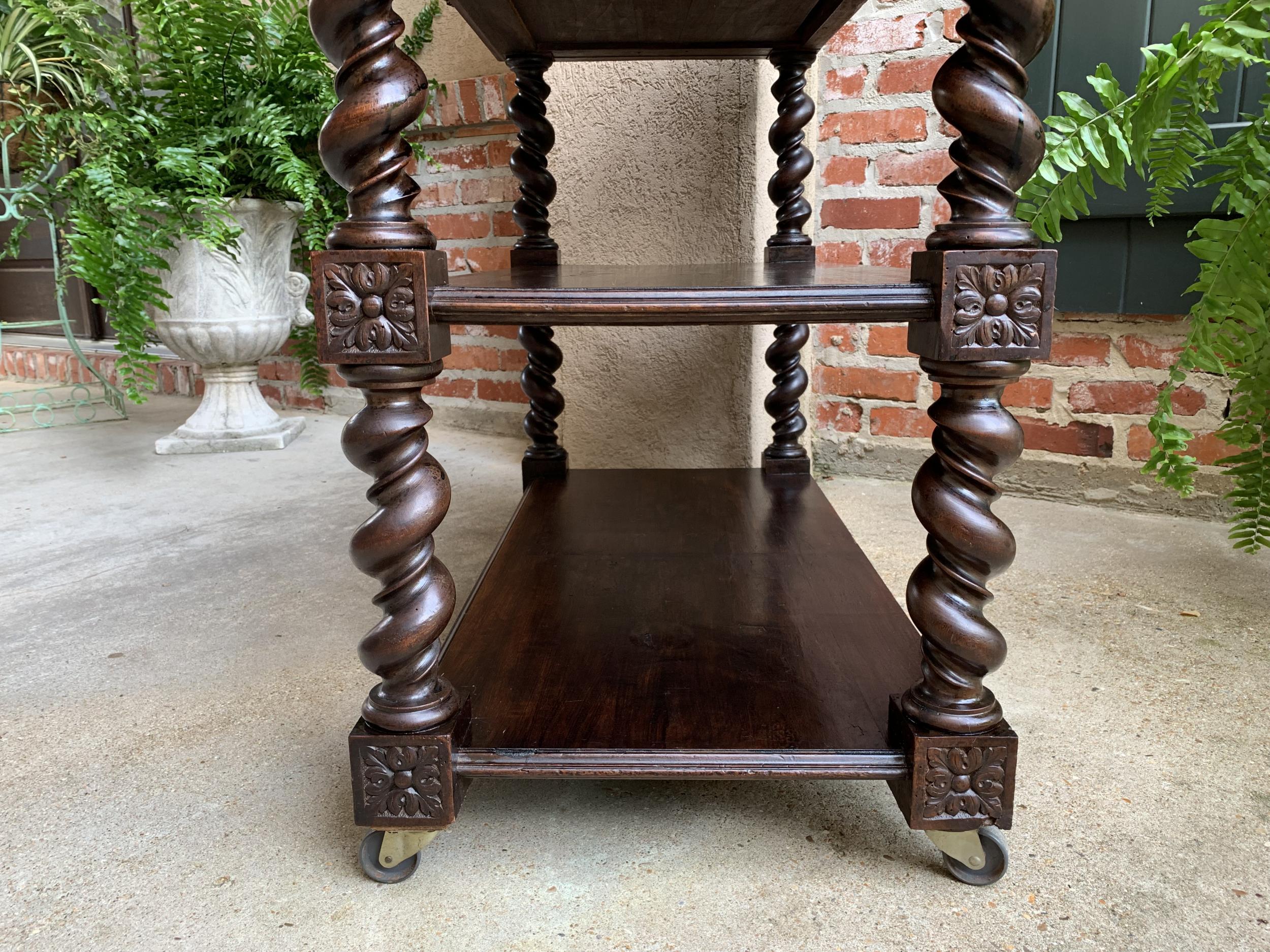 19th century French Carved Oak Server Sideboard Rolling Cart Table Barley Twist 14