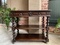 19th century French Carved Oak Server Sideboard Rolling Cart Table Barley Twist