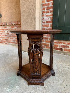 Antique French Carved Oak Side Table Greek Goddess Marble Renaissance Style