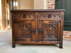 Antique French Carved Oak Sideboard Cabinet Black Marble Renaissance Gothic