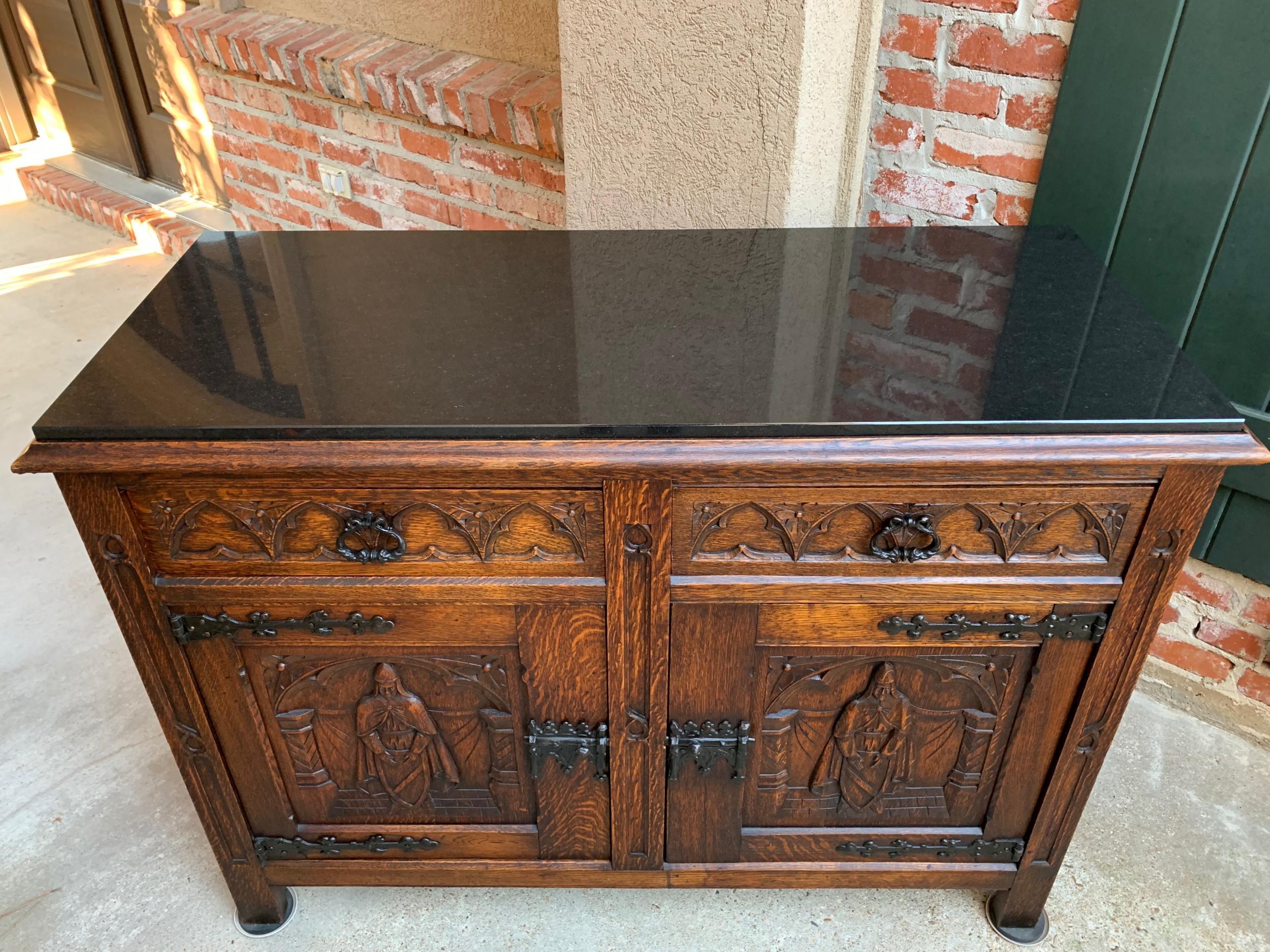 Antique French Carved Oak Sideboard Cabinet Black Marble Renaissance Gothic In Good Condition In Shreveport, LA