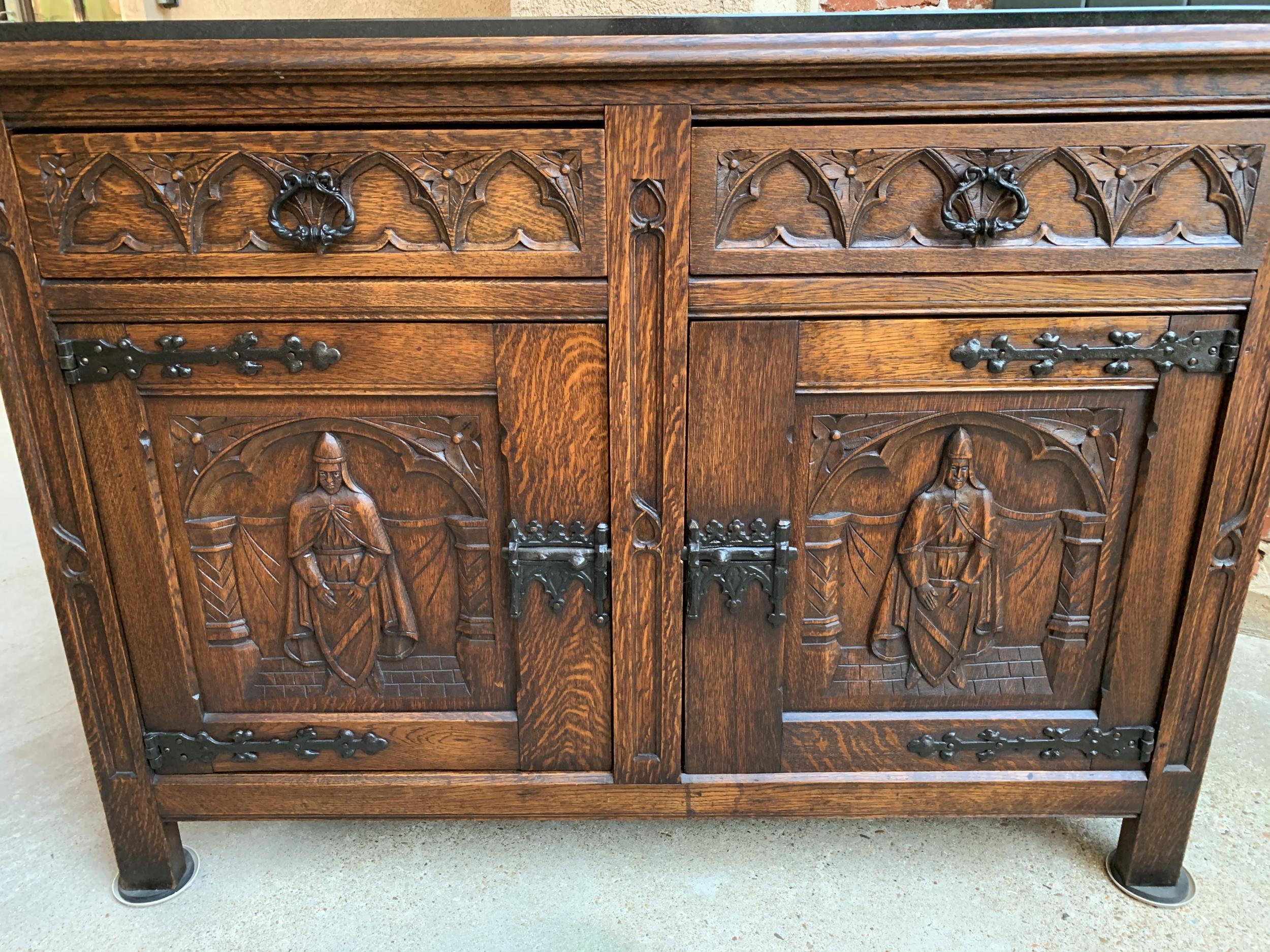 Early 20th Century Antique French Carved Oak Sideboard Cabinet Black Marble Renaissance Gothic