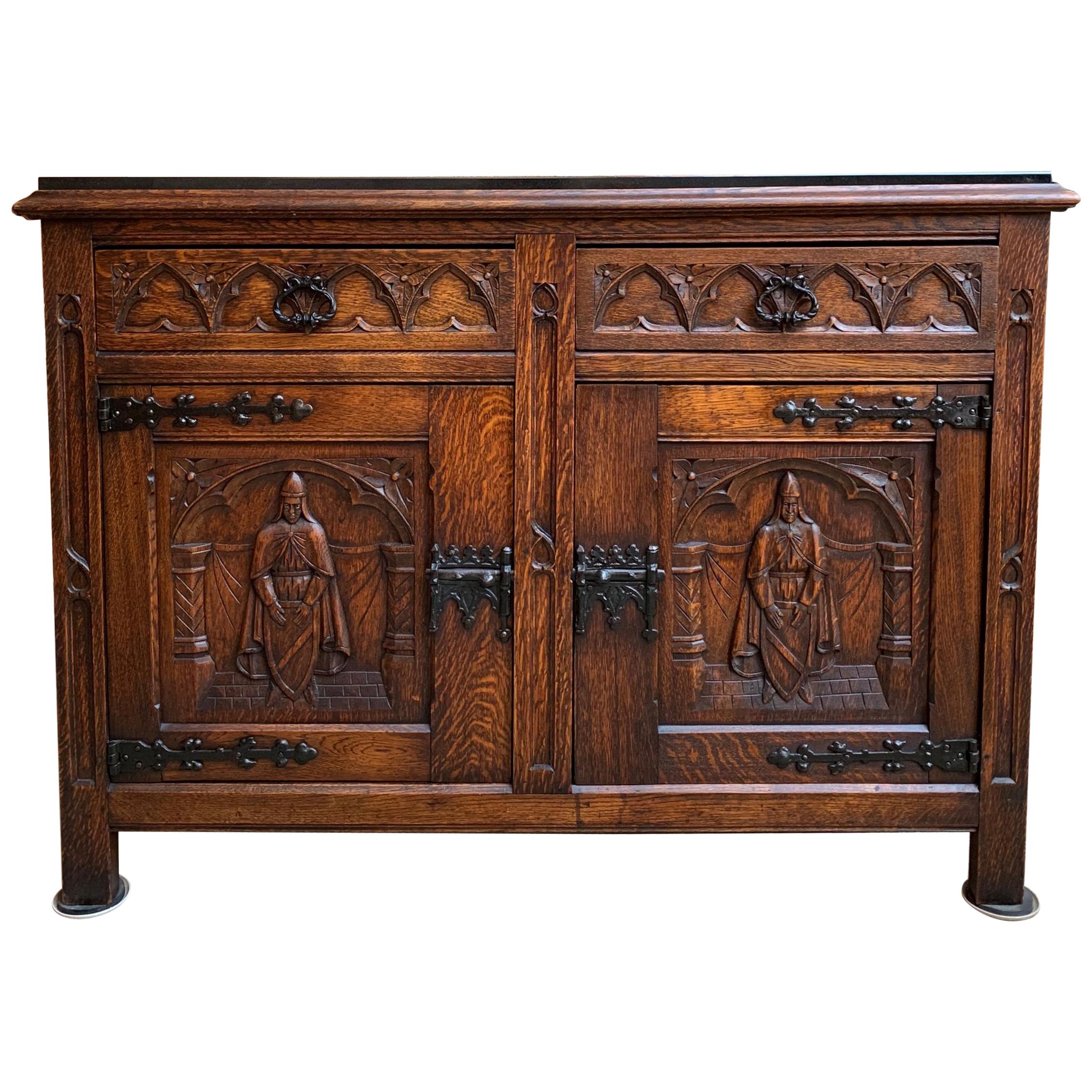 Antique French Carved Oak Sideboard Cabinet Black Marble Renaissance Gothic