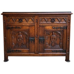 Antique French Carved Oak Sideboard Cabinet Black Marble Renaissance Gothic