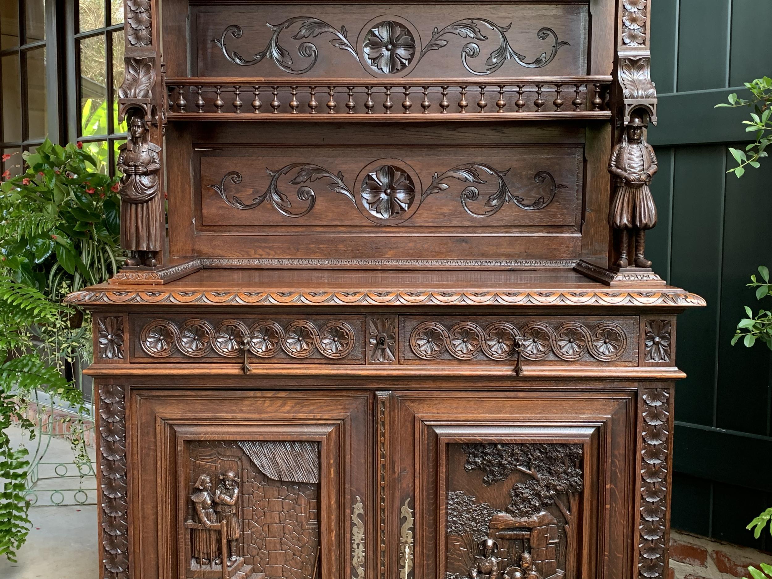 French Provincial 19th Century French Carved Oak Sideboard Cabinet Bookcase Breton Brittany