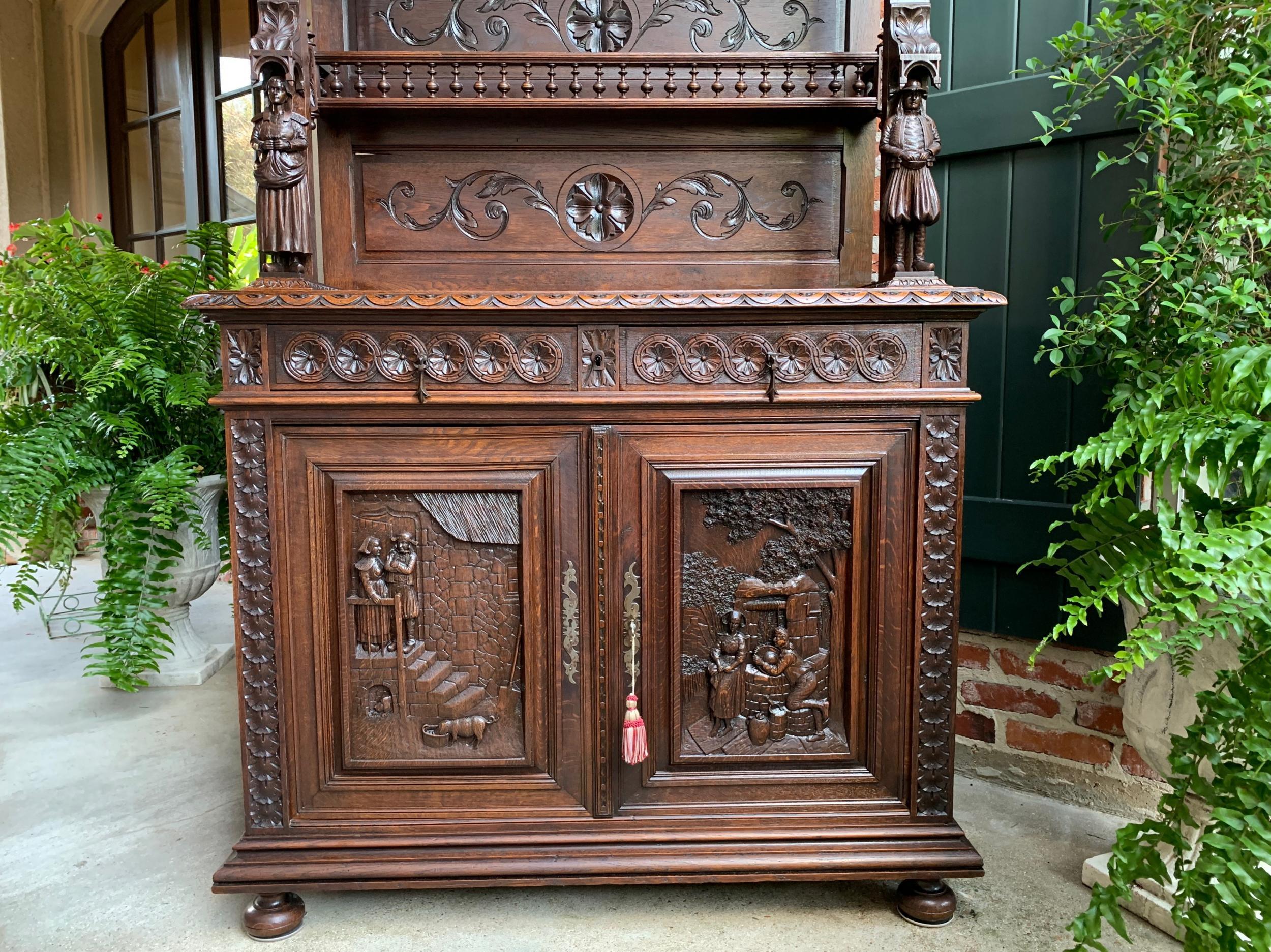 Hand-Carved 19th Century French Carved Oak Sideboard Cabinet Bookcase Breton Brittany
