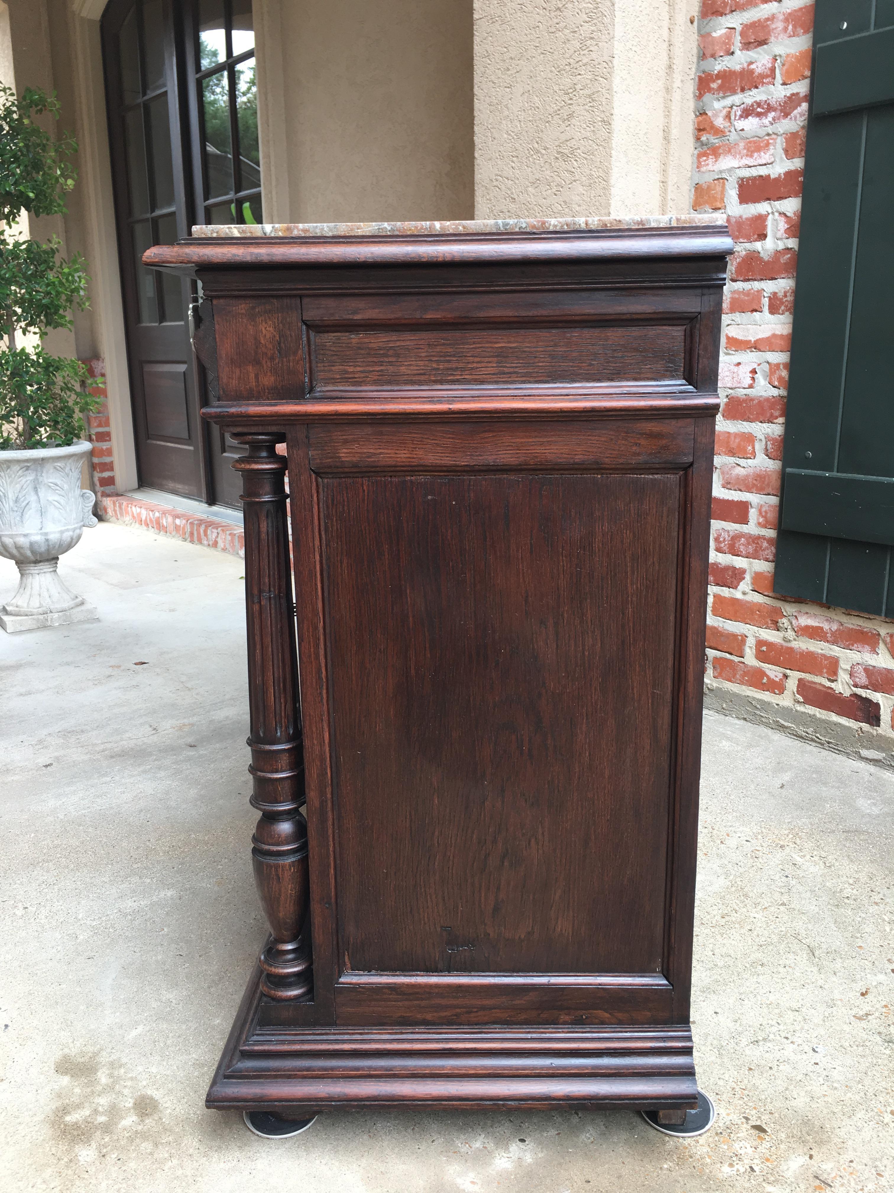 Antique French Carved Oak Sideboard Server Cabinet Marble Renaissance Gothic 2