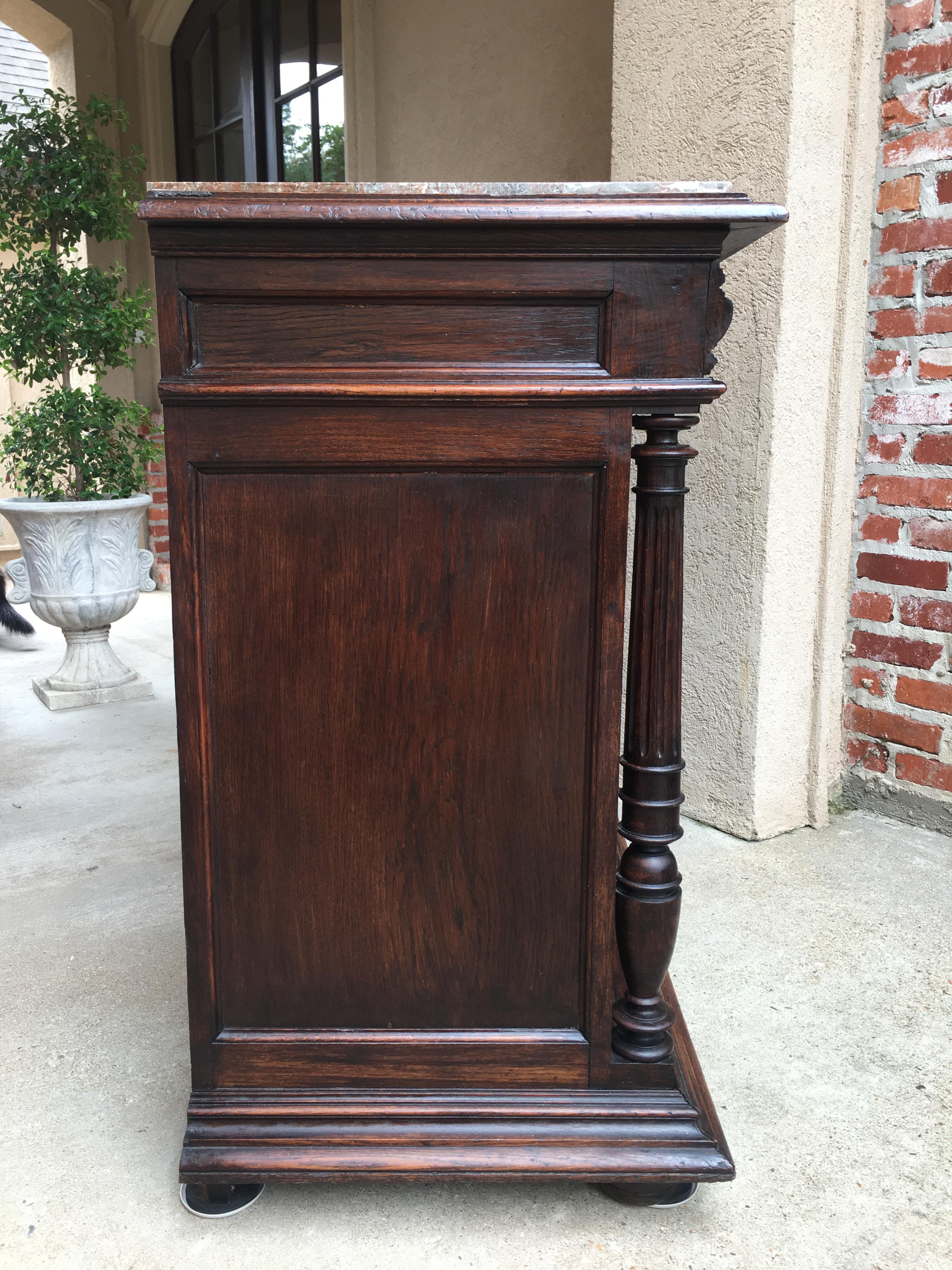 Antique French Carved Oak Sideboard Server Cabinet Marble Renaissance Gothic 3