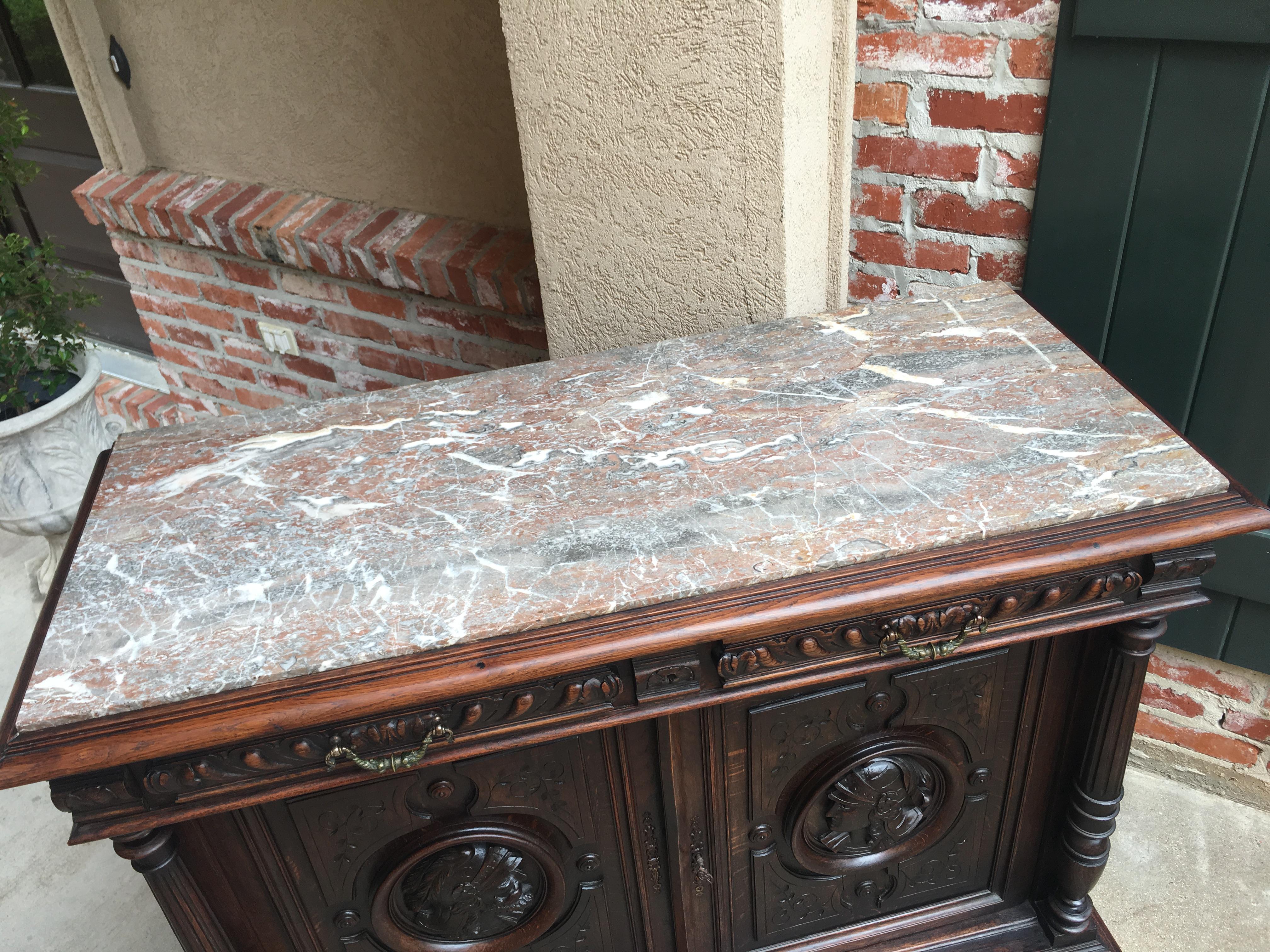 Antique French Carved Oak Sideboard Server Cabinet Marble Renaissance Gothic 4