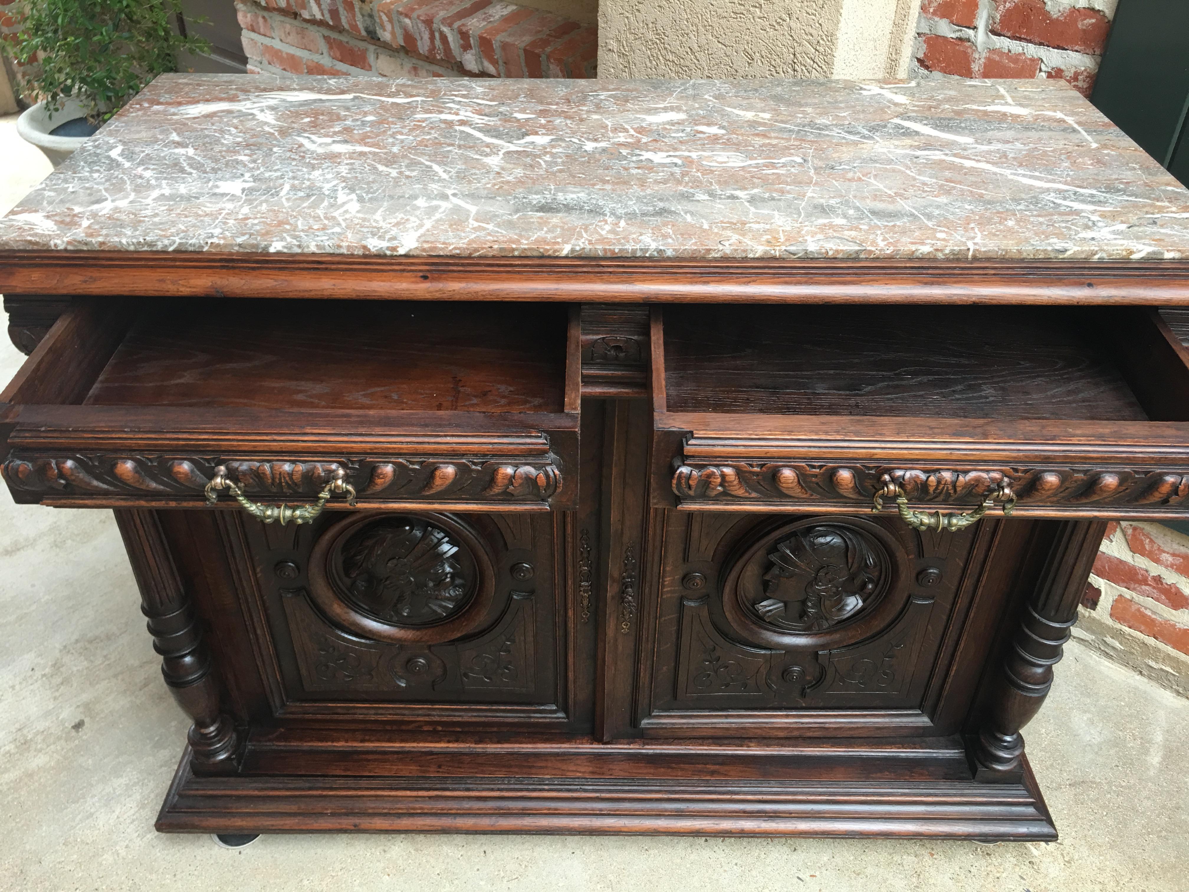 Antique French Carved Oak Sideboard Server Cabinet Marble Renaissance Gothic 6