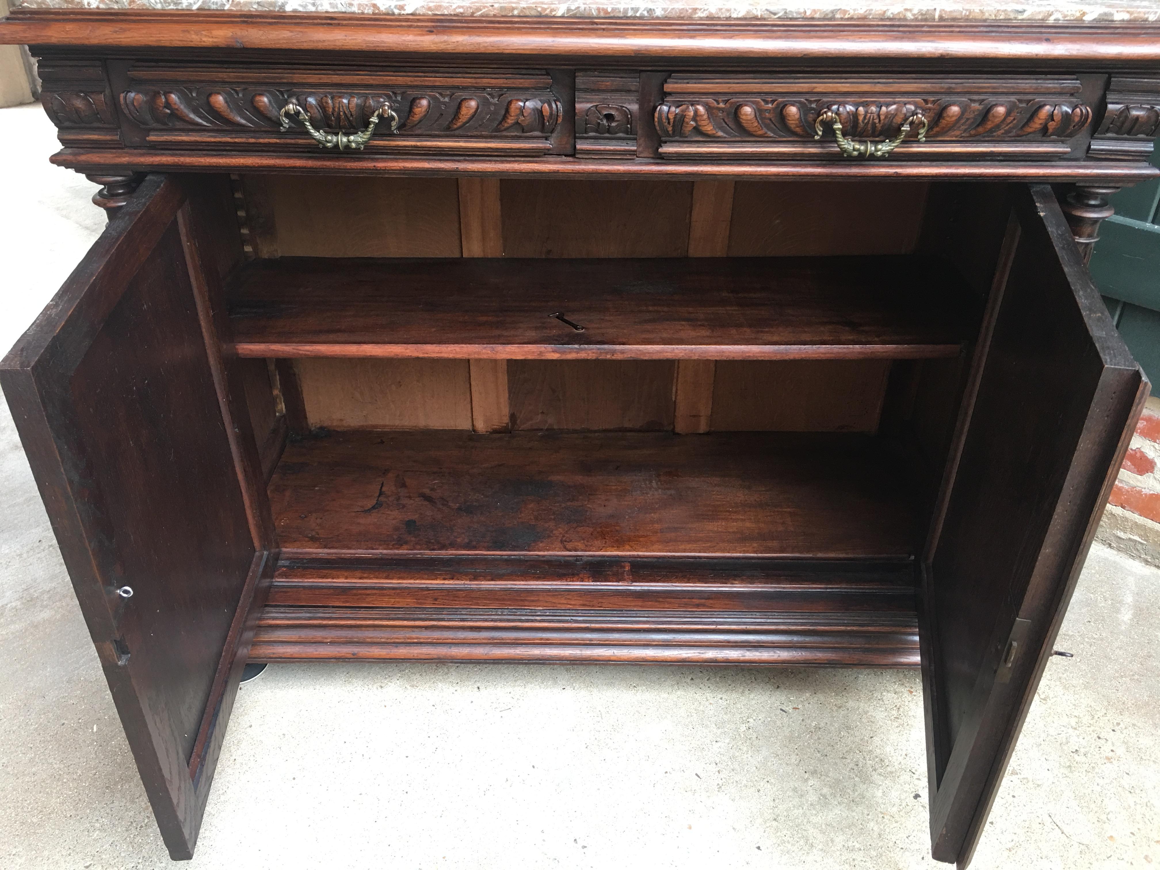 Antique French Carved Oak Sideboard Server Cabinet Marble Renaissance Gothic 7