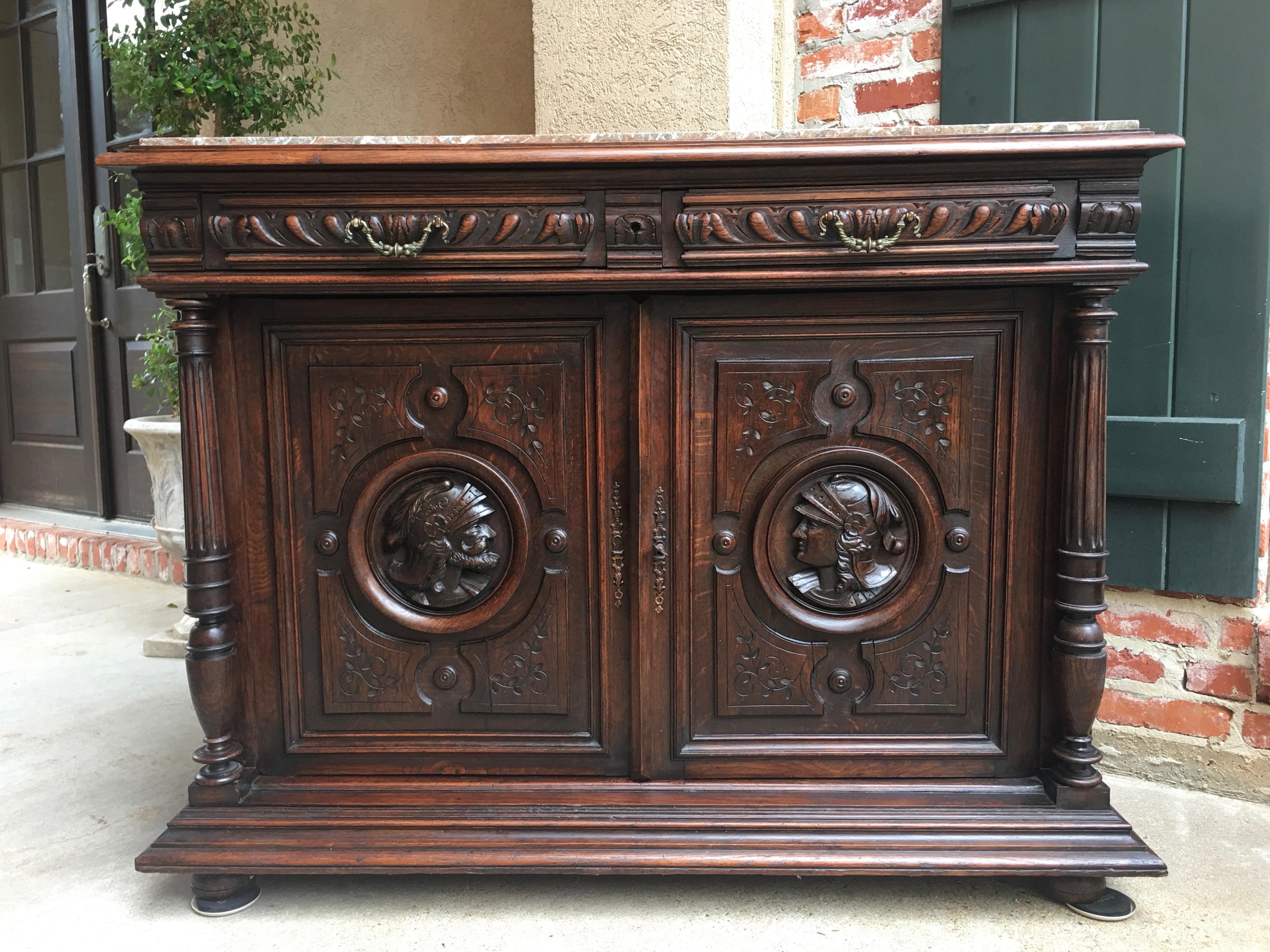 Hand-Carved Antique French Carved Oak Sideboard Server Cabinet Marble Renaissance Gothic