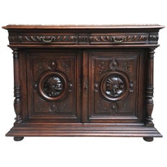 Antique French Carved Oak Sideboard Server Cabinet Marble Renaissance Gothic