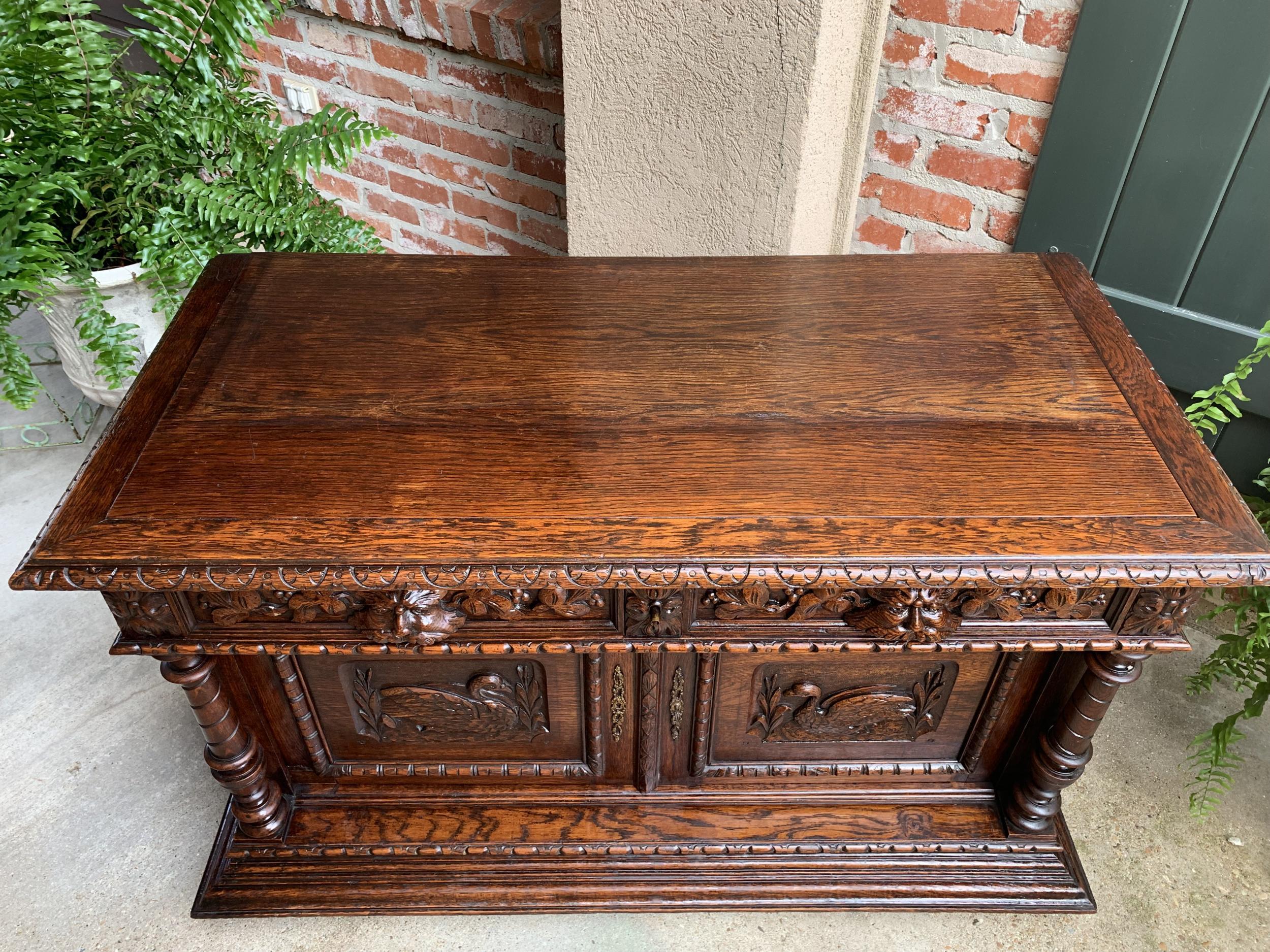 Antique French Carved Oak Sideboard Server Cabinet Sofa Table Swan Henri II 6