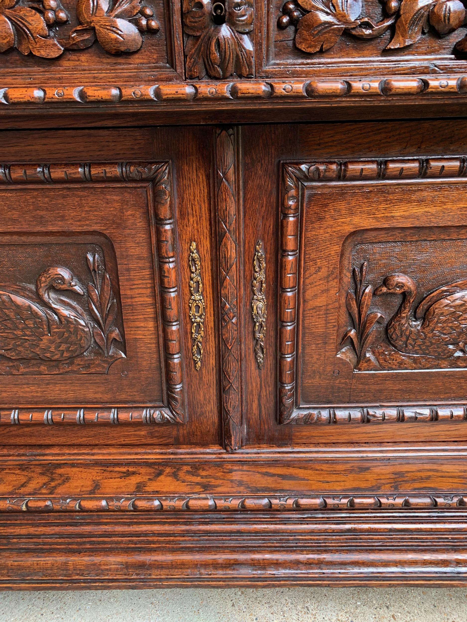 Antique French Carved Oak Sideboard Server Cabinet Sofa Table Swan Henri II 14