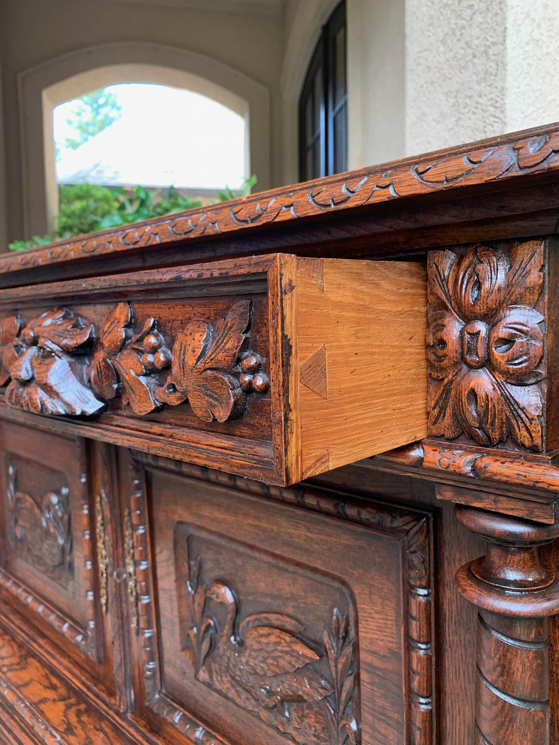Antique French Carved Oak Sideboard Server Cabinet Sofa Table Swan Henri II 15
