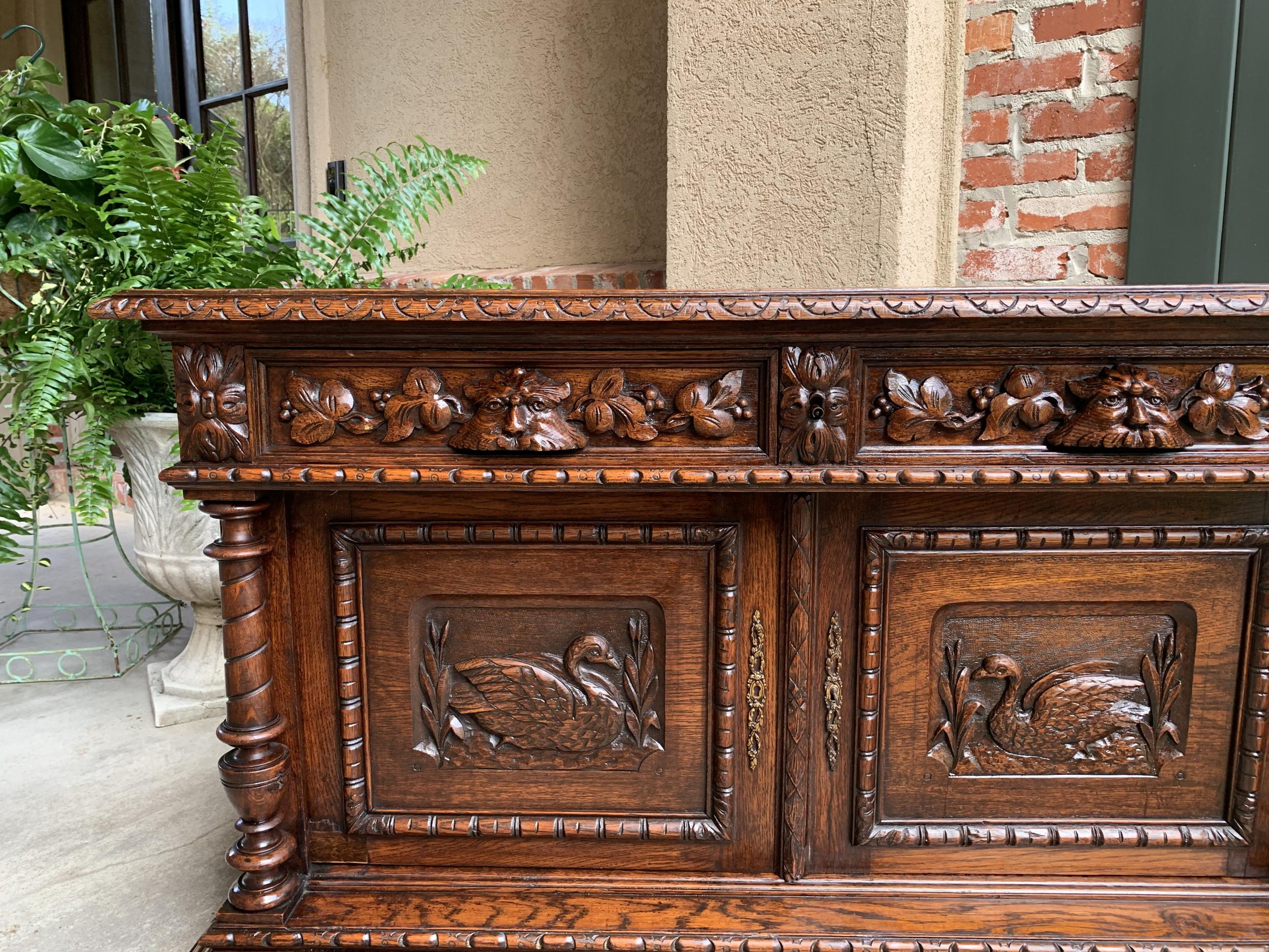 French Provincial Antique French Carved Oak Sideboard Server Cabinet Sofa Table Swan Henri II
