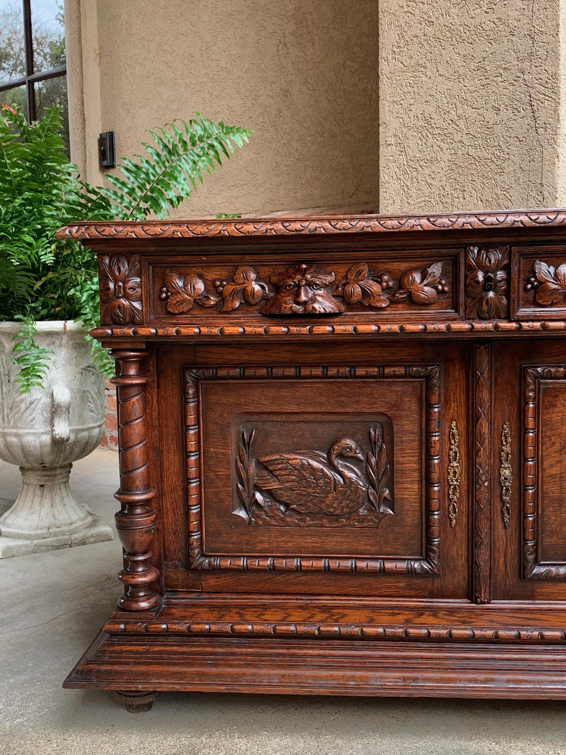 Antique French Carved Oak Sideboard Server Cabinet Sofa Table Swan Henri II In Good Condition In Shreveport, LA
