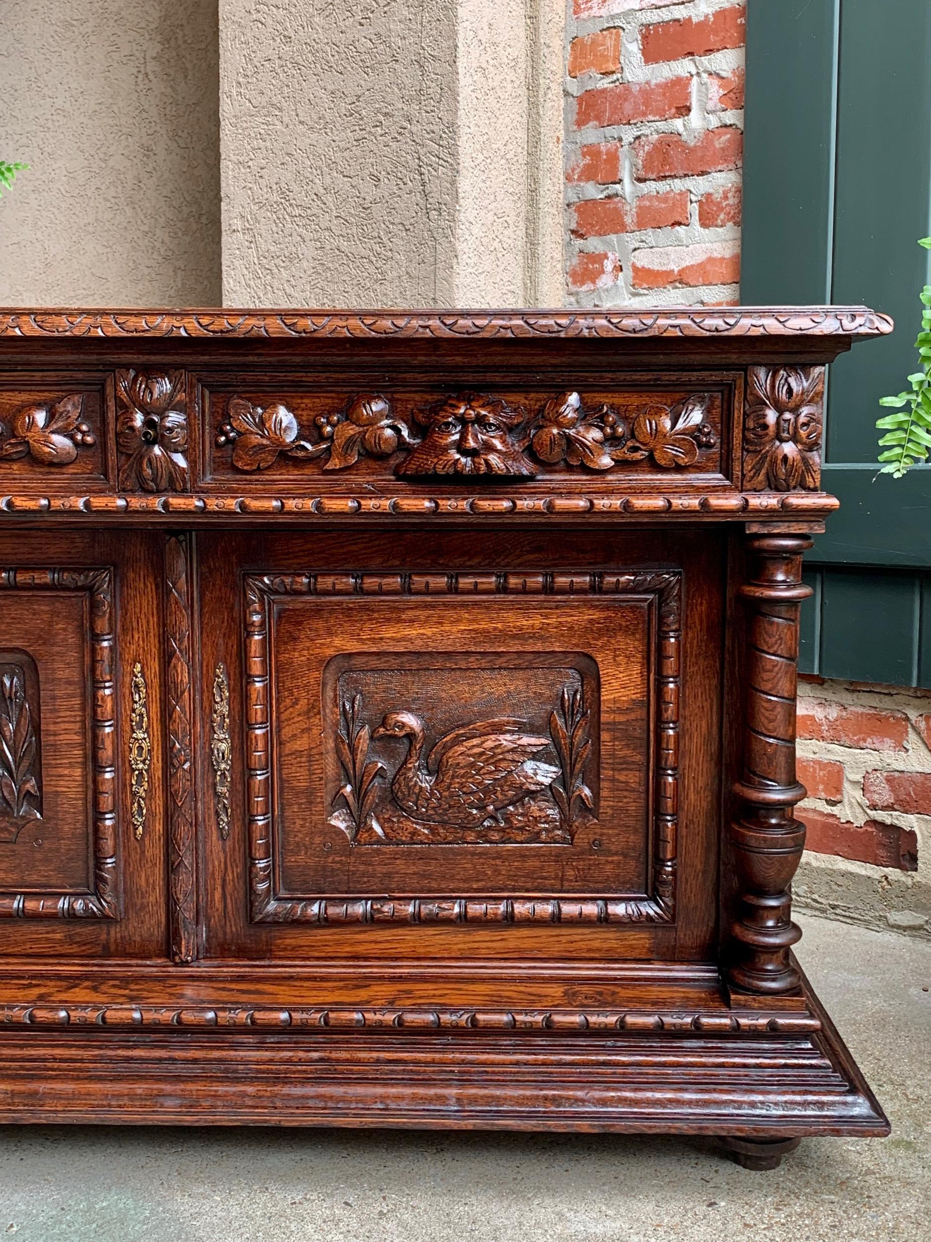 19th Century Antique French Carved Oak Sideboard Server Cabinet Sofa Table Swan Henri II