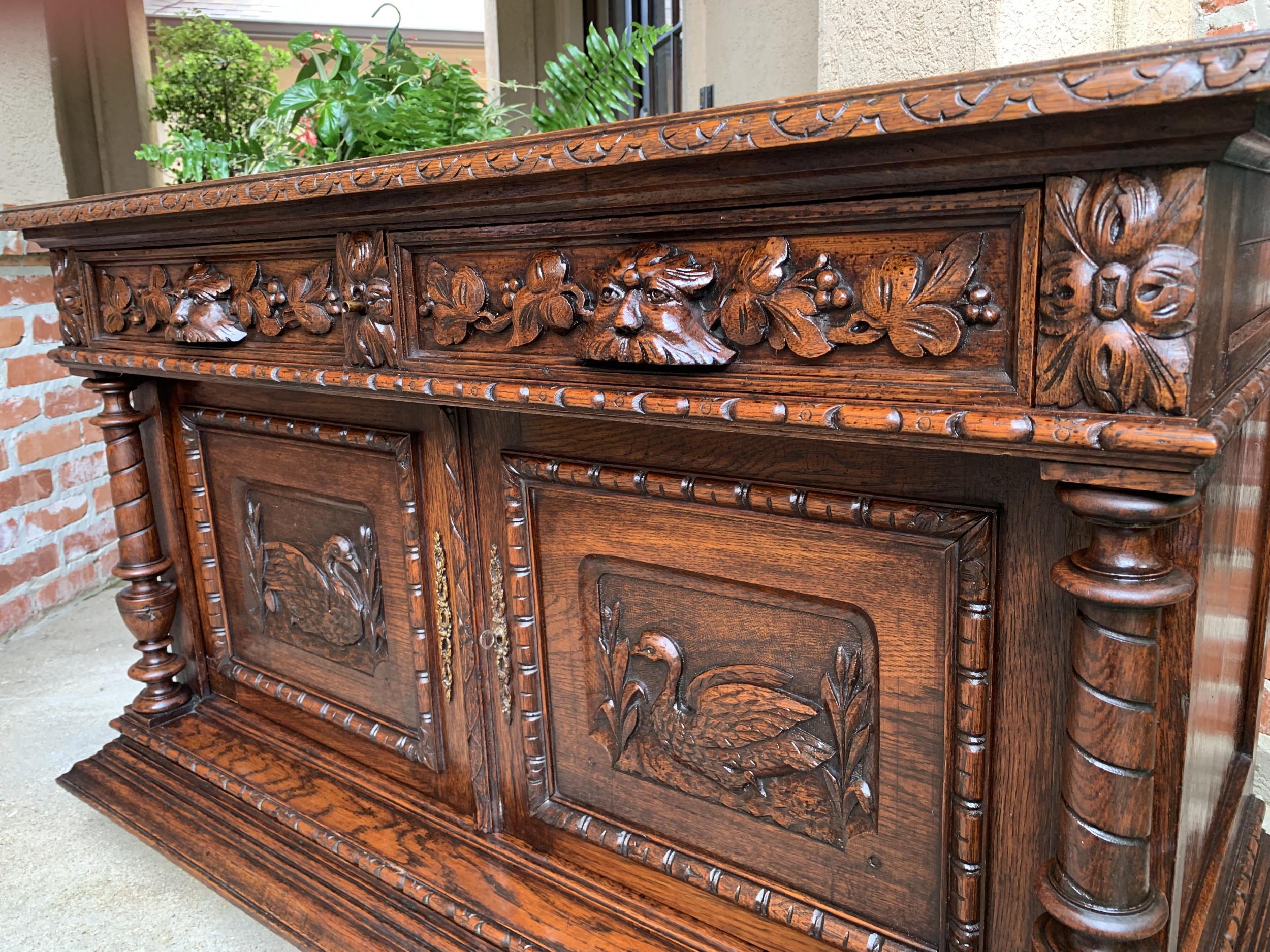 Antique French Carved Oak Sideboard Server Cabinet Sofa Table Swan Henri II 1