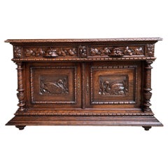 Antique French Carved Oak Sideboard Server Cabinet Sofa Table Swan Henri II
