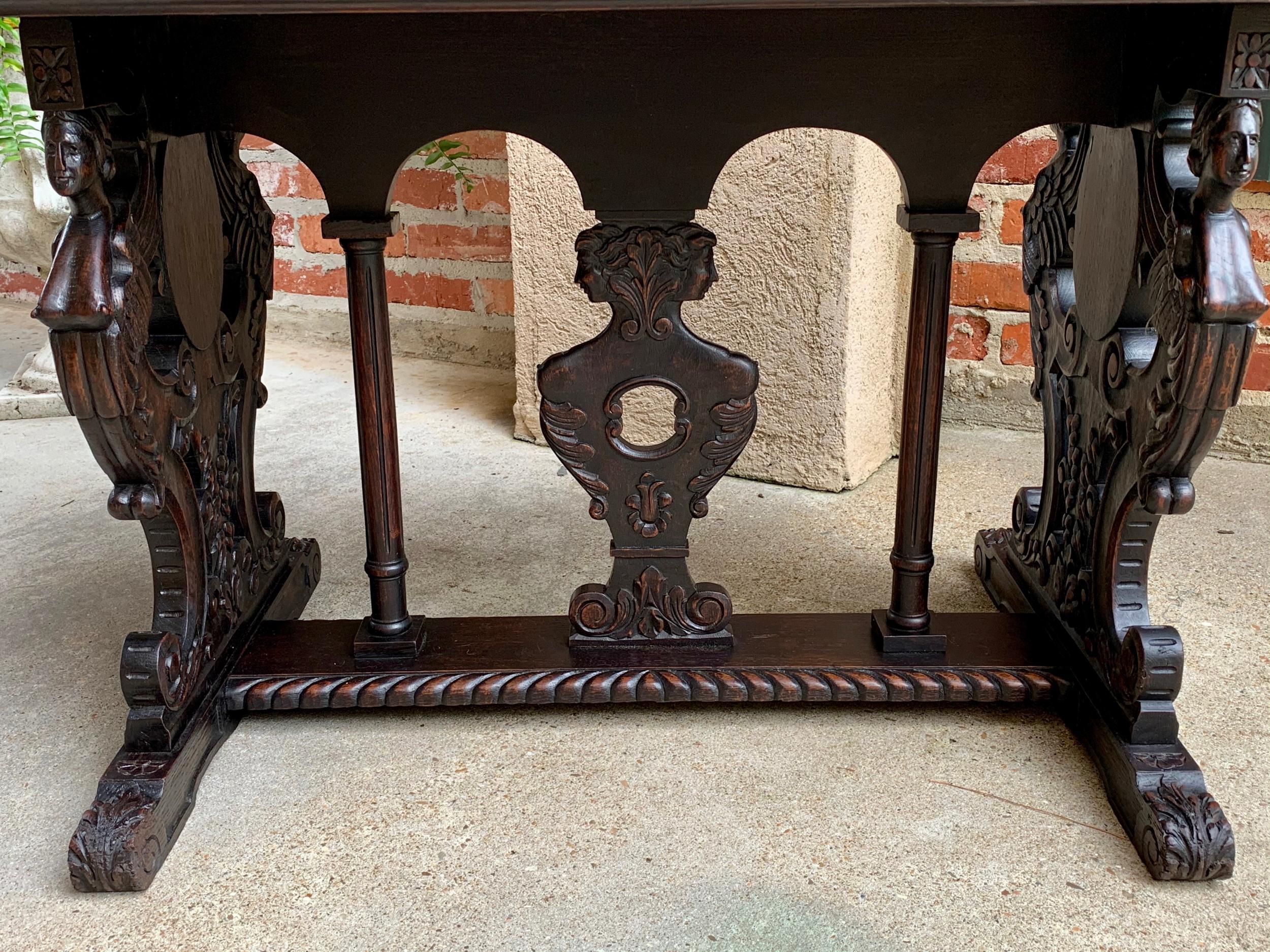 Antique French Carved Oak Sofa Side Accent Table Renaissance Cherub Trestle 6