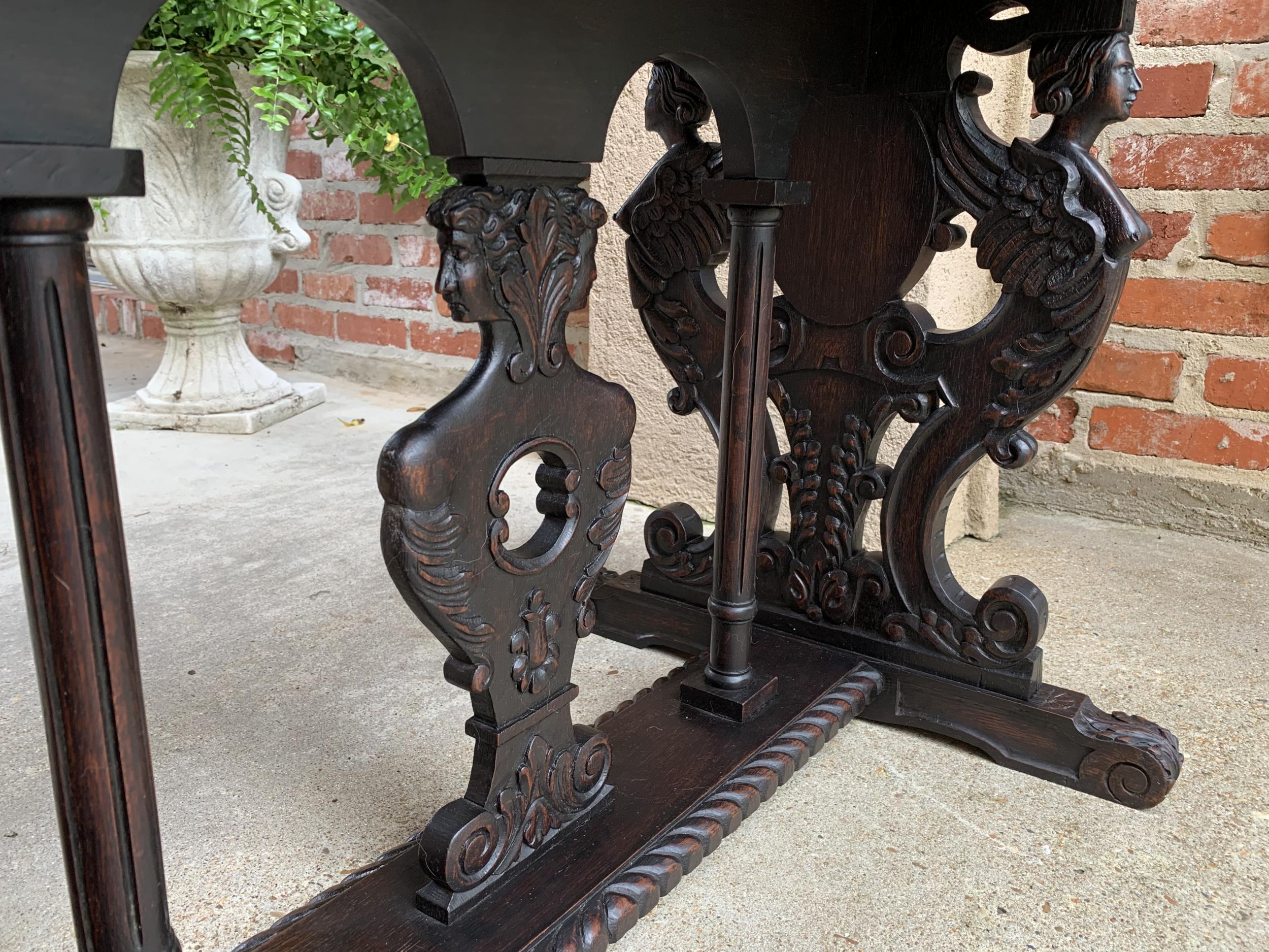 Antique French Carved Oak Sofa Side Accent Table Renaissance Cherub Trestle 7