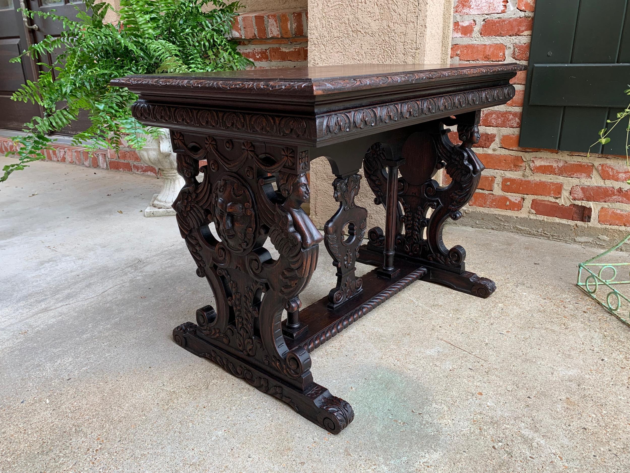 Antique French Carved Oak Sofa Side Accent Table Renaissance Cherub Trestle 9