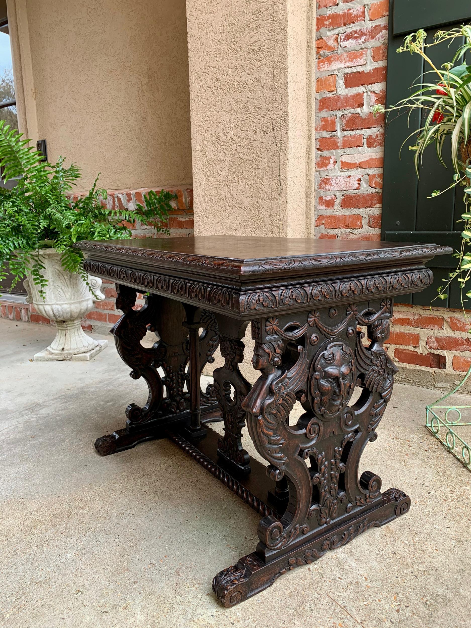 Antique French Carved Oak Sofa Side Accent Table Renaissance Cherub Trestle 10