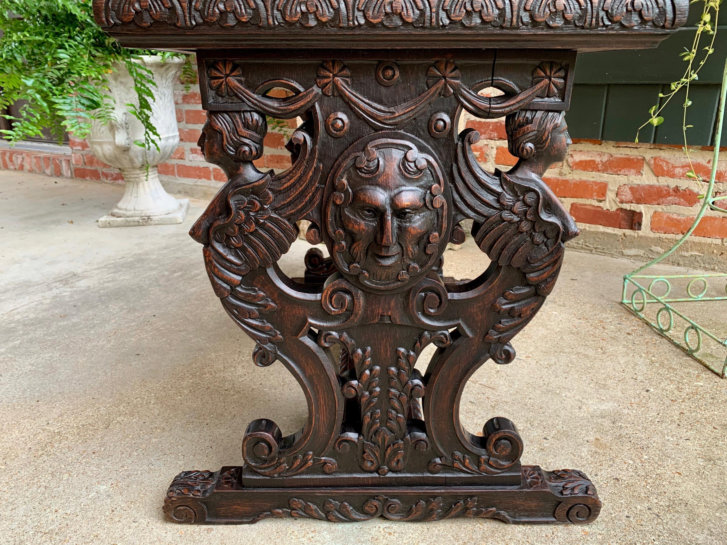Antique French Carved Oak Sofa Side Accent Table Renaissance Cherub Trestle 11