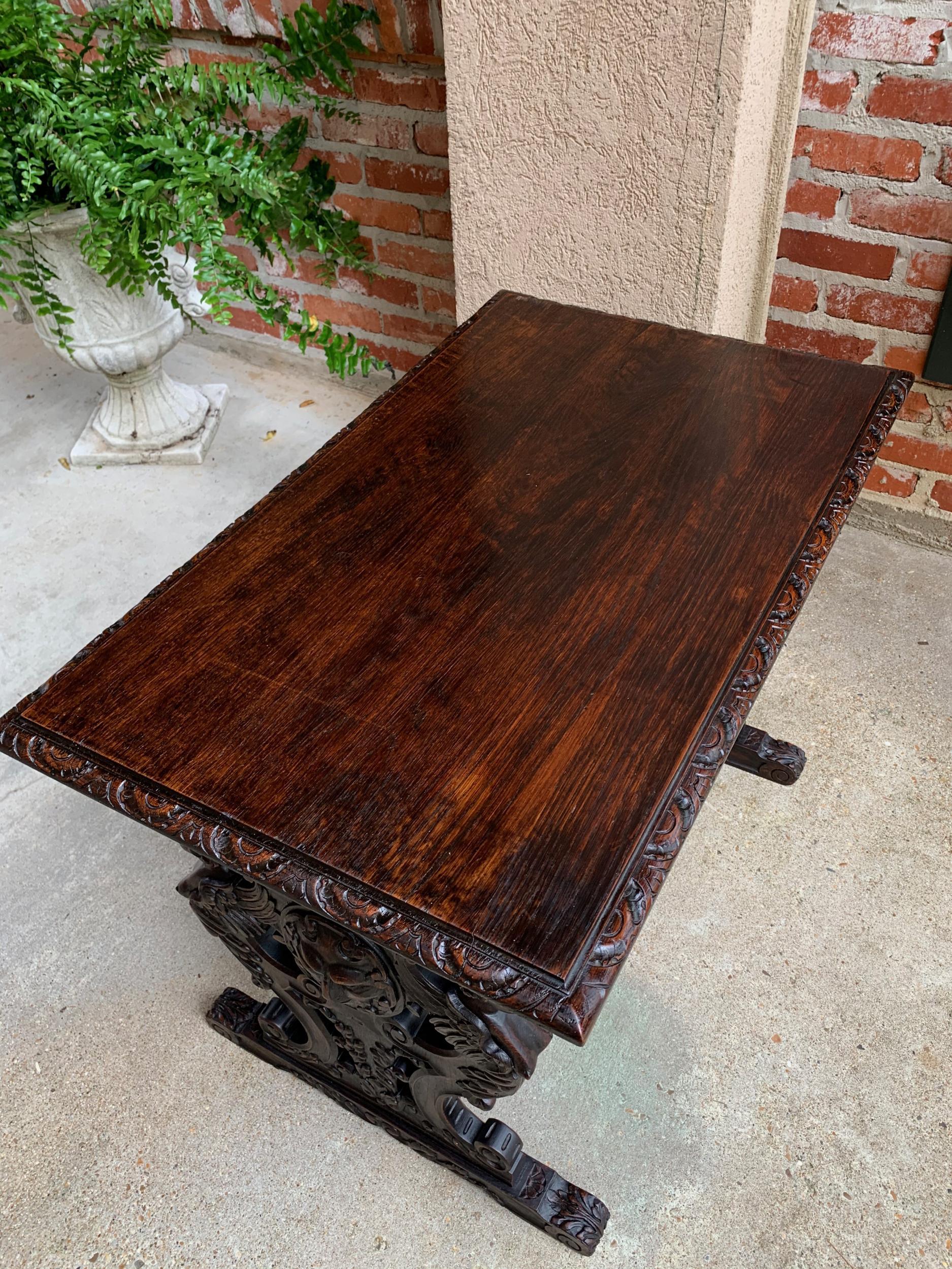 Antique French Carved Oak Sofa Side Accent Table Renaissance Cherub Trestle 14