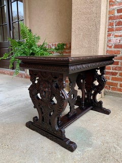 Antique French Carved Oak Sofa Side Accent Table Renaissance Cherub Trestle