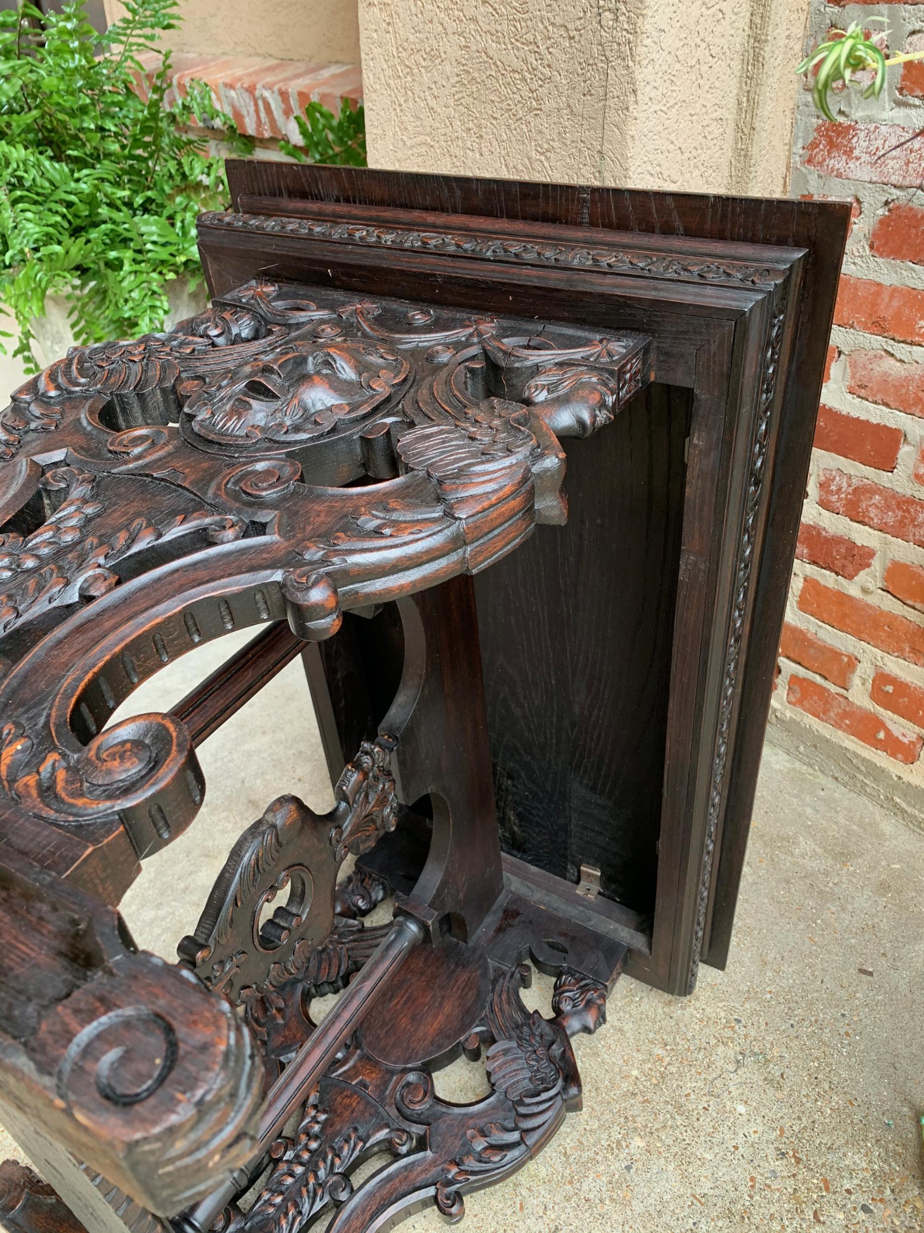 Antique French Carved Oak Sofa Side Accent Table Renaissance Cherub Trestle 16