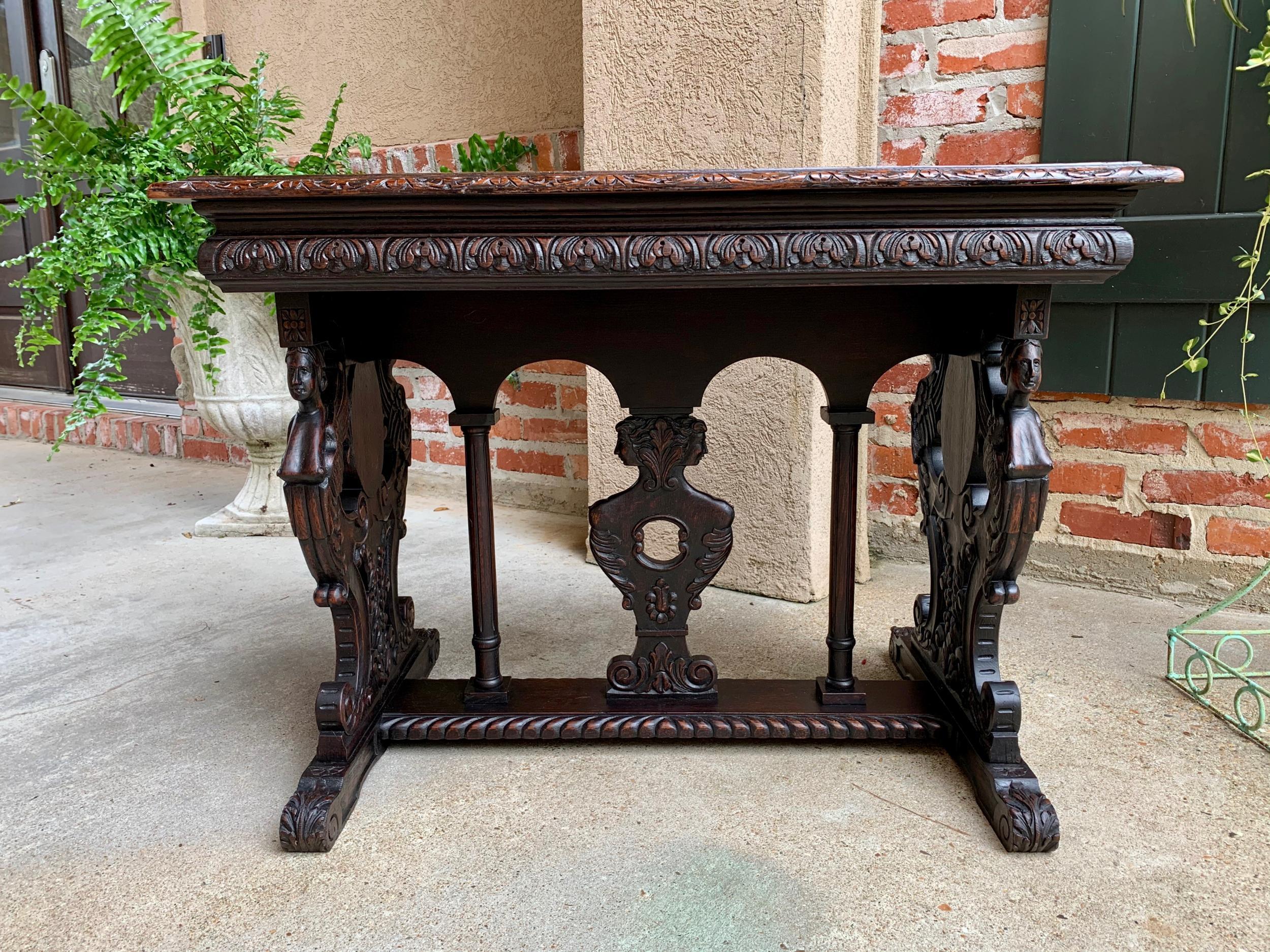 Early 20th Century Antique French Carved Oak Sofa Side Accent Table Renaissance Cherub Trestle