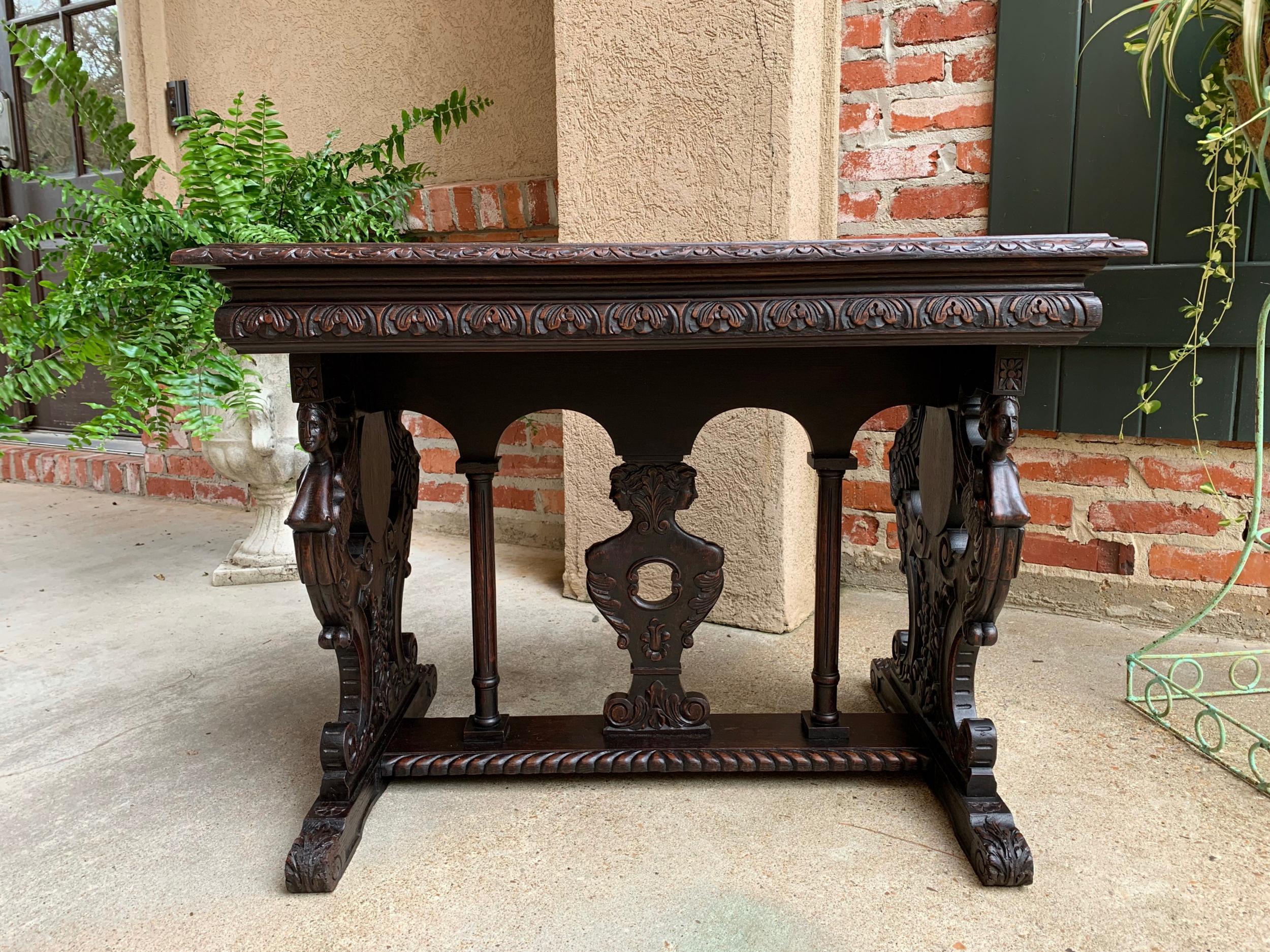 Antique French Carved Oak Sofa Side Accent Table Renaissance Cherub Trestle 1