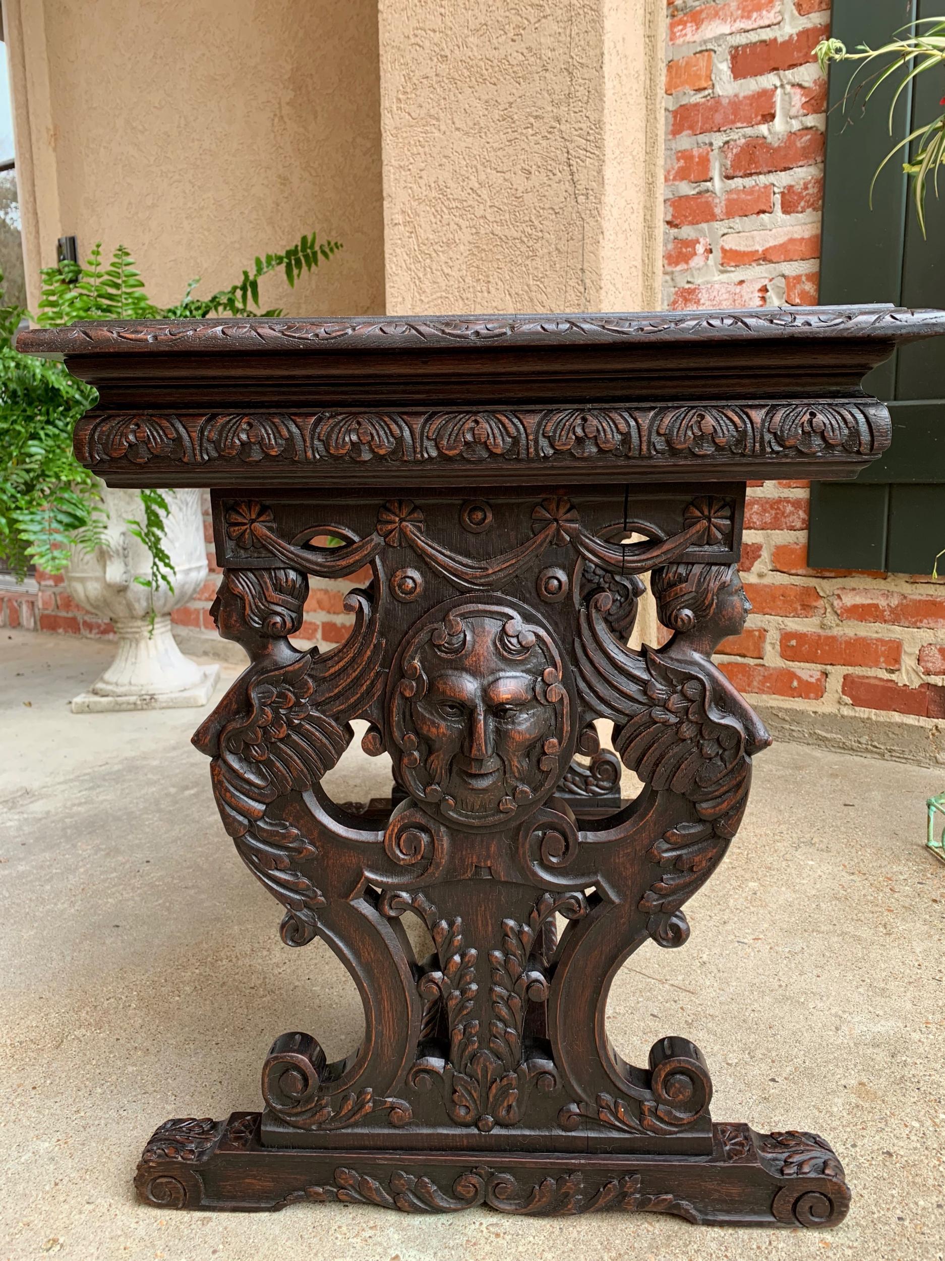 Antique French Carved Oak Sofa Side Accent Table Renaissance Cherub Trestle 2