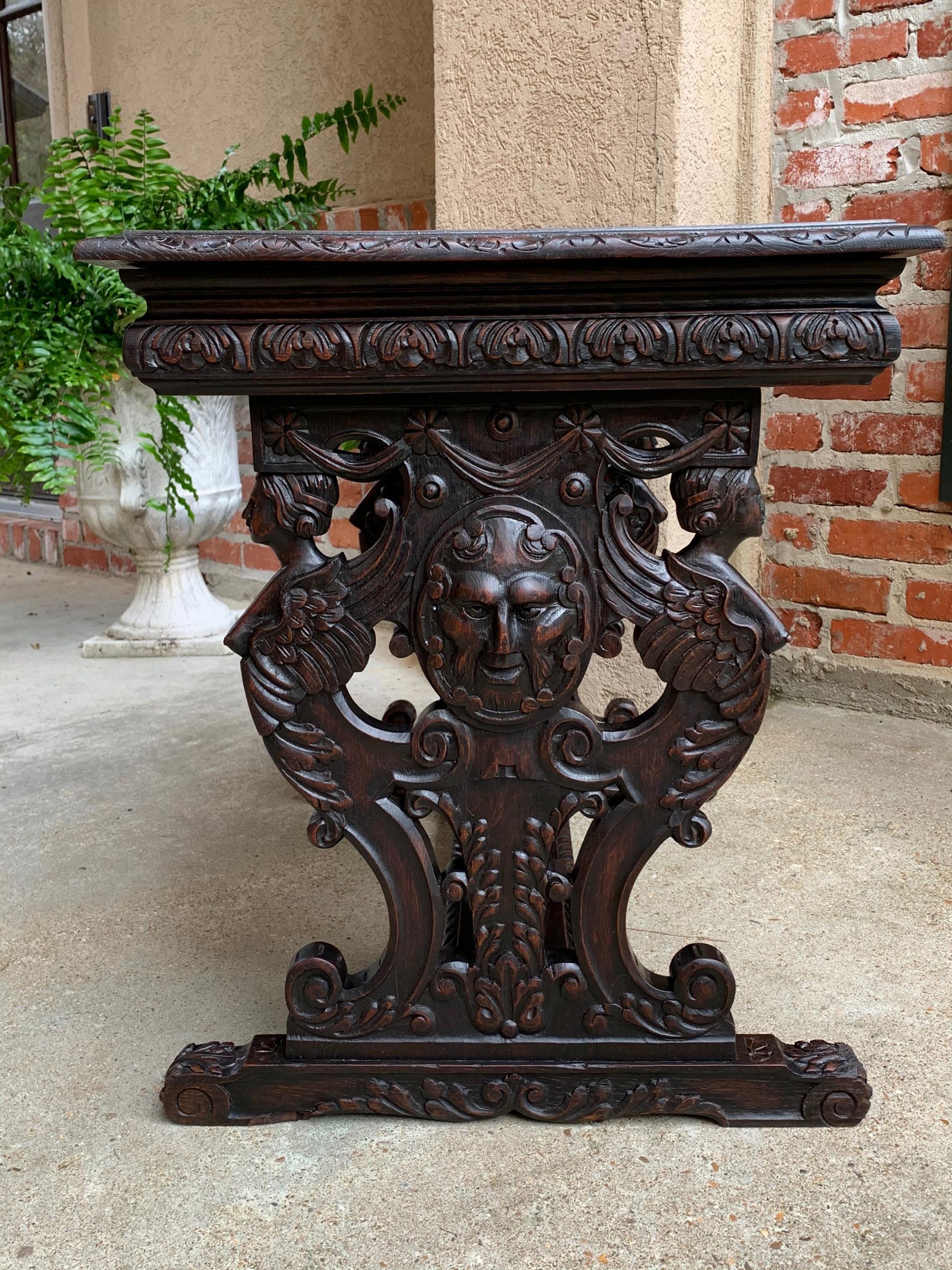 Antique French Carved Oak Sofa Side Accent Table Renaissance Cherub Trestle 3