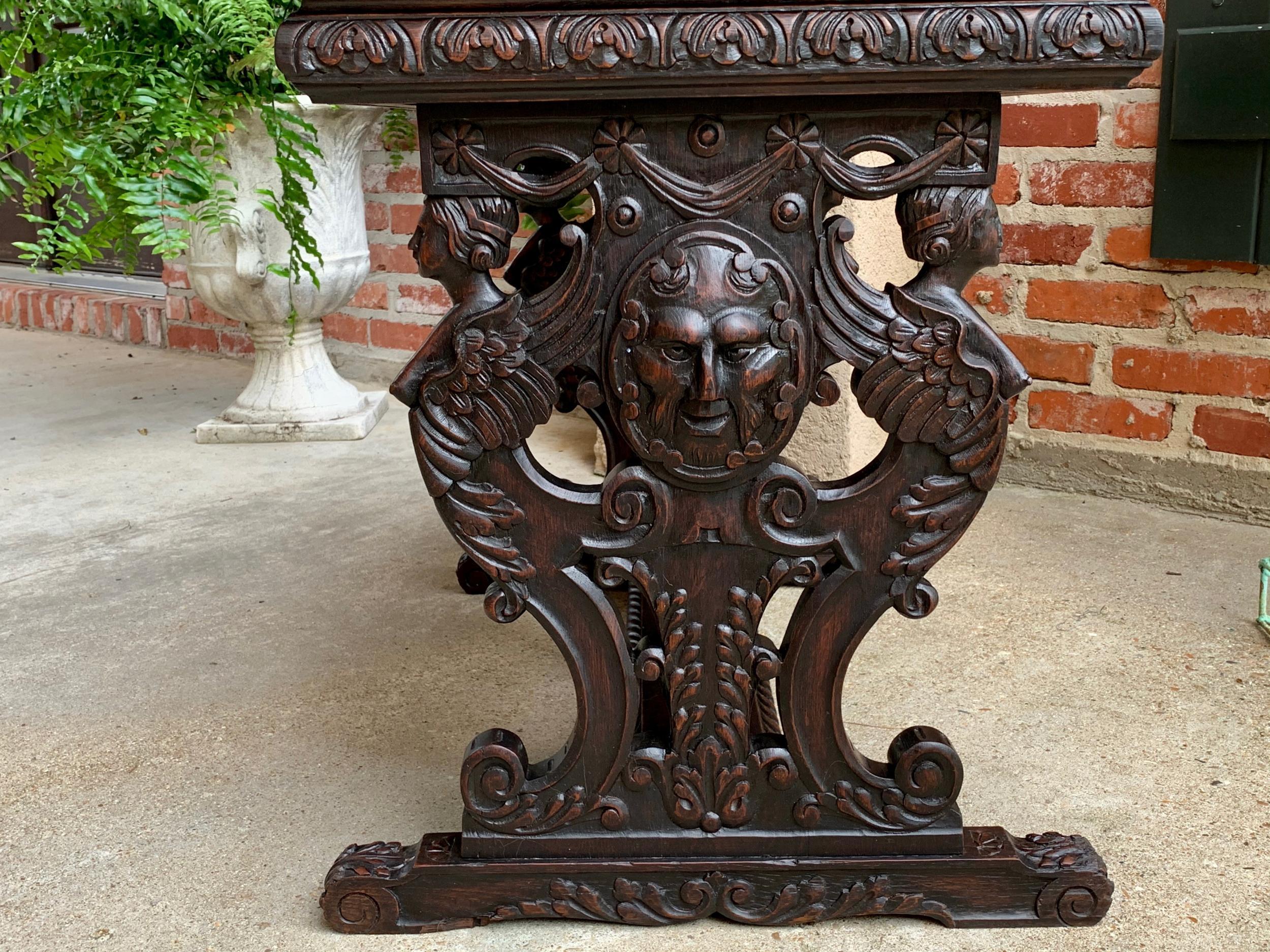 Antique French Carved Oak Sofa Side Accent Table Renaissance Cherub Trestle 4