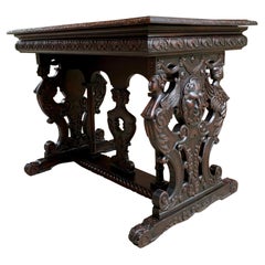 Antique French Carved Oak Sofa Side Accent Table Renaissance Cherub Trestle
