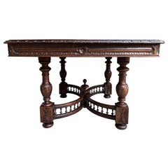 Antique French Carved Oak Square Dining Table Breton Brittany Game Library Table