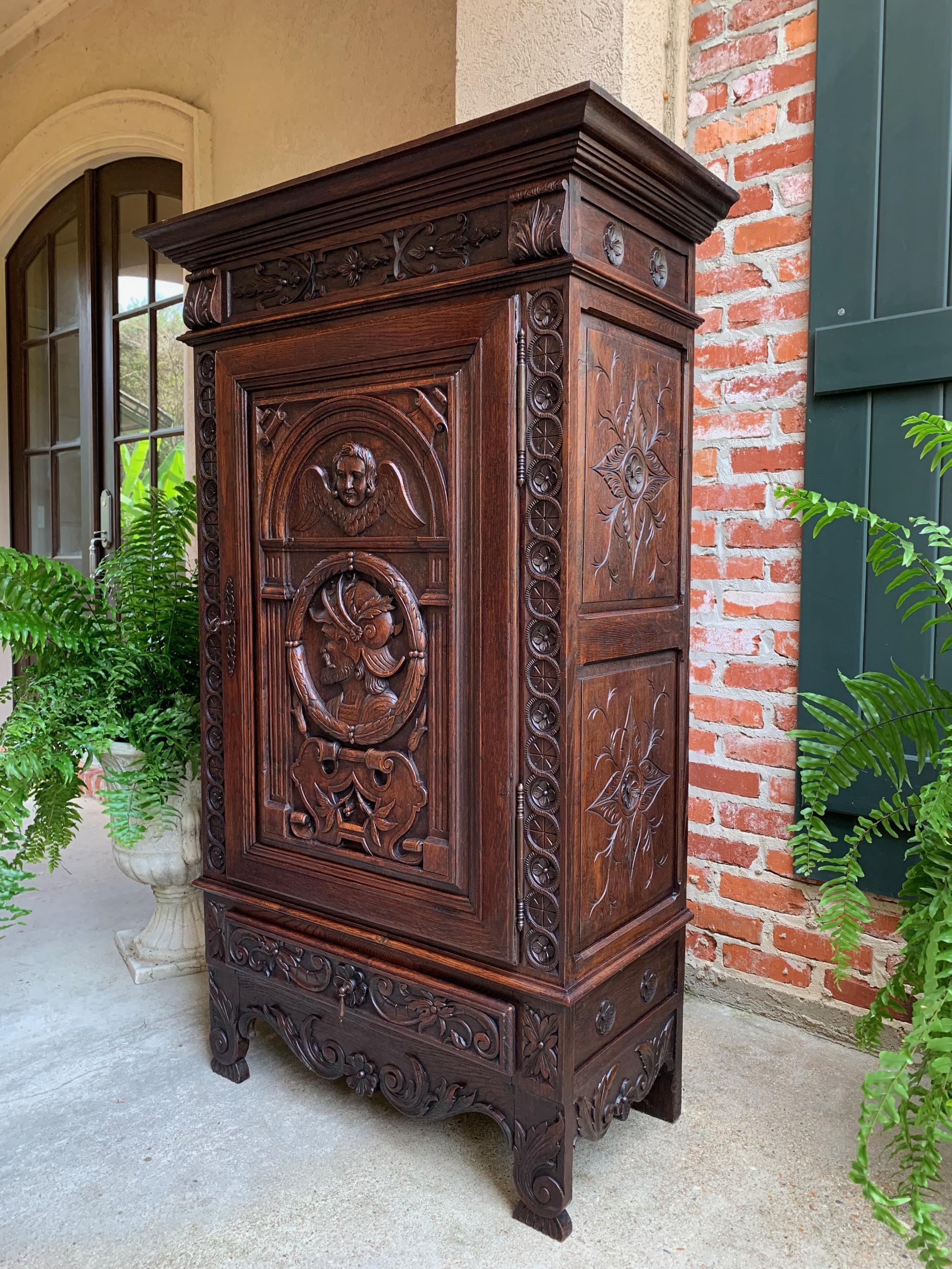 19th century French Carved Oak Storage Cabinet Renaissance Roman Centurion  In Good Condition For Sale In Shreveport, LA
