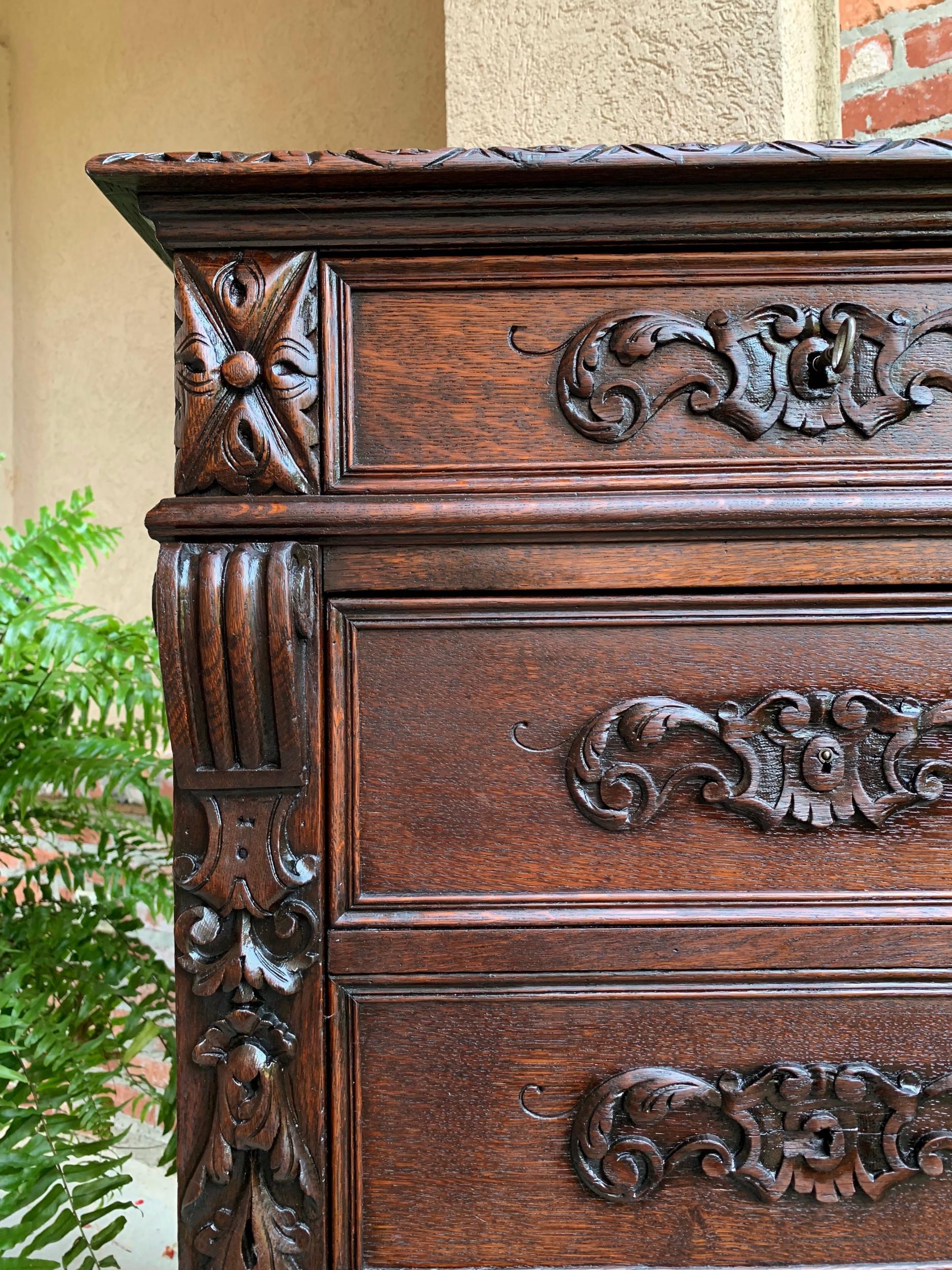 19th century French  Tall Cabinet Faux Chest of Drawers Louis XIV Carved Oak For Sale 7